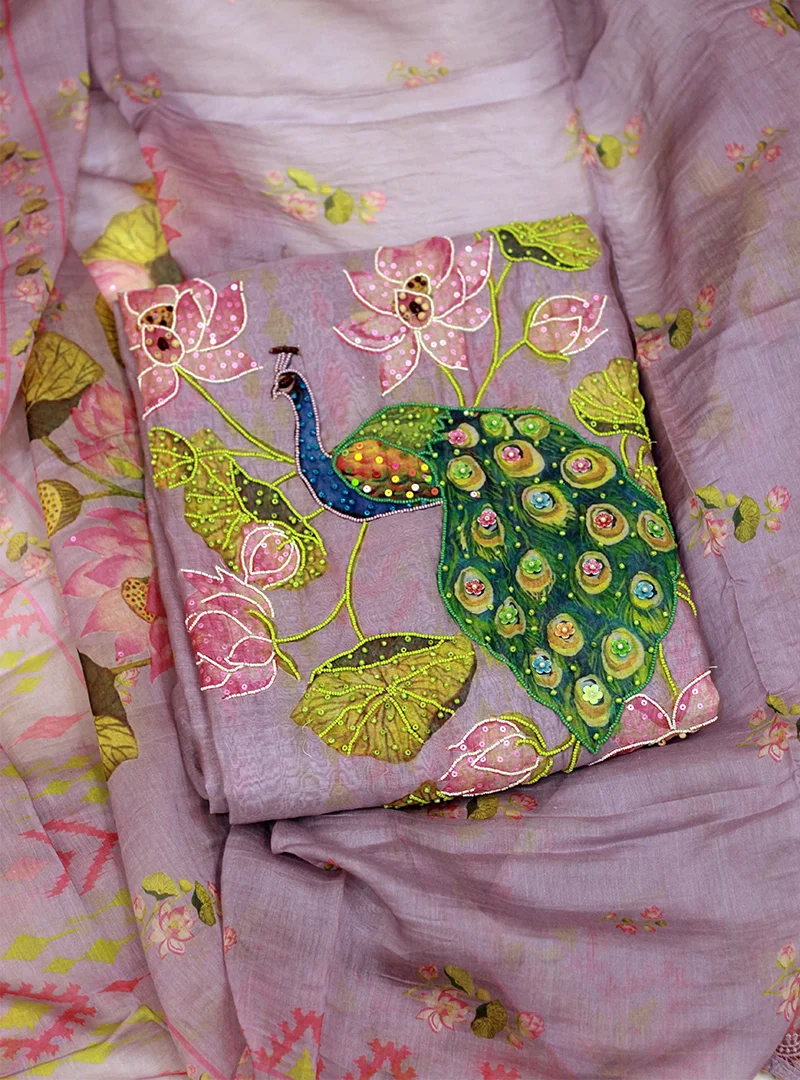 Peacock Embroidered Pure Mul Cotton Suit