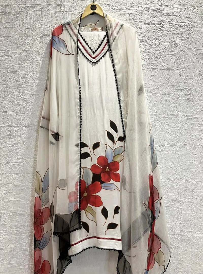 White Floral Handpaint Suit