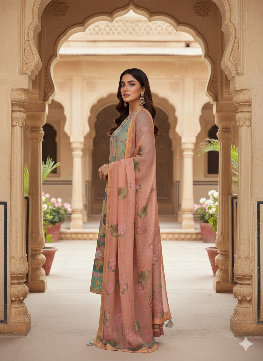 Embroidered Multicolor Printed Suit
