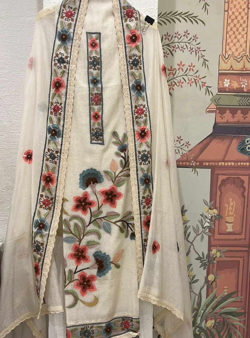 Embroidered Floral Pure Mul Cotton Fabric