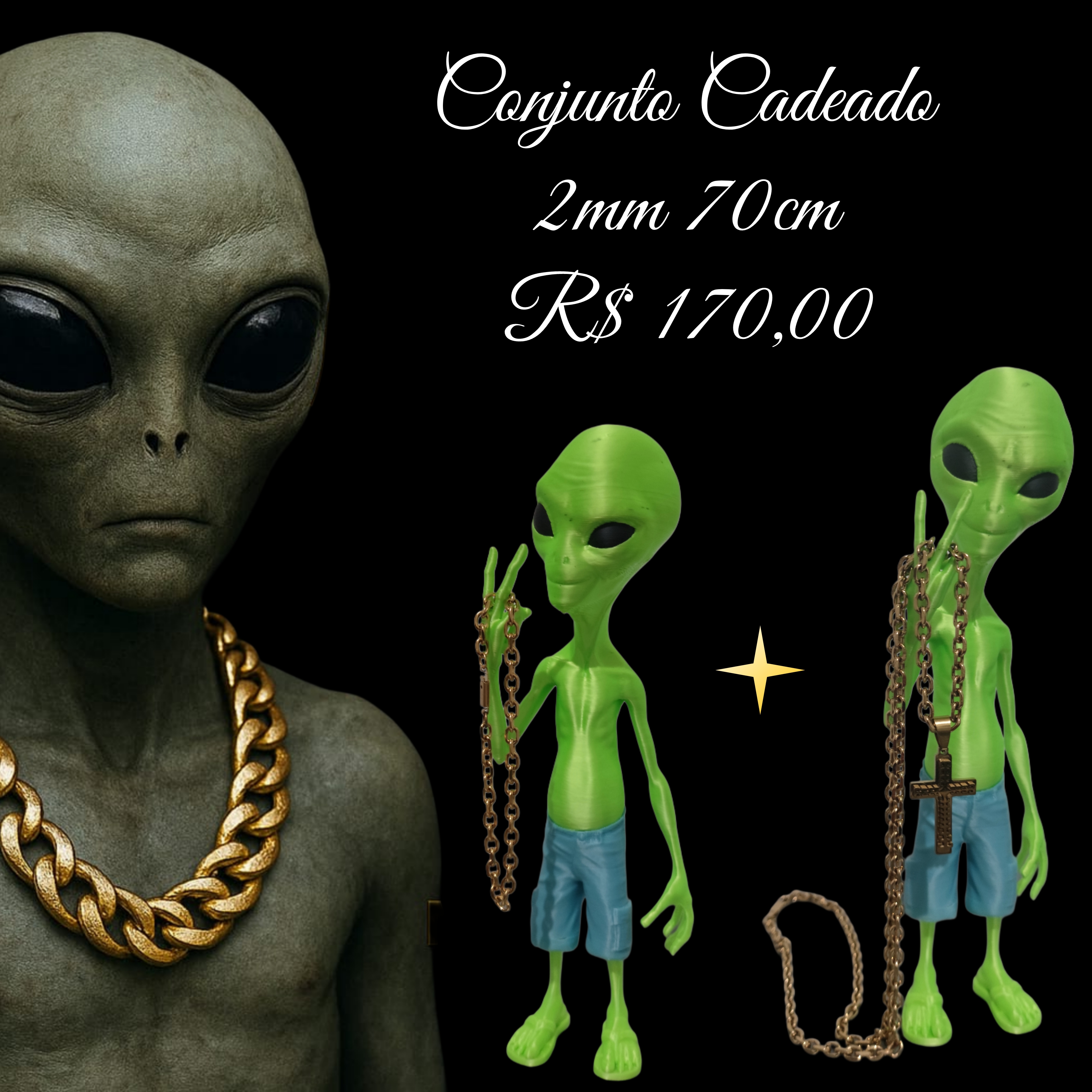 Conjunto Corrente Cadeado + Pulseira 2mm 70 cm banhado a ouro 18K