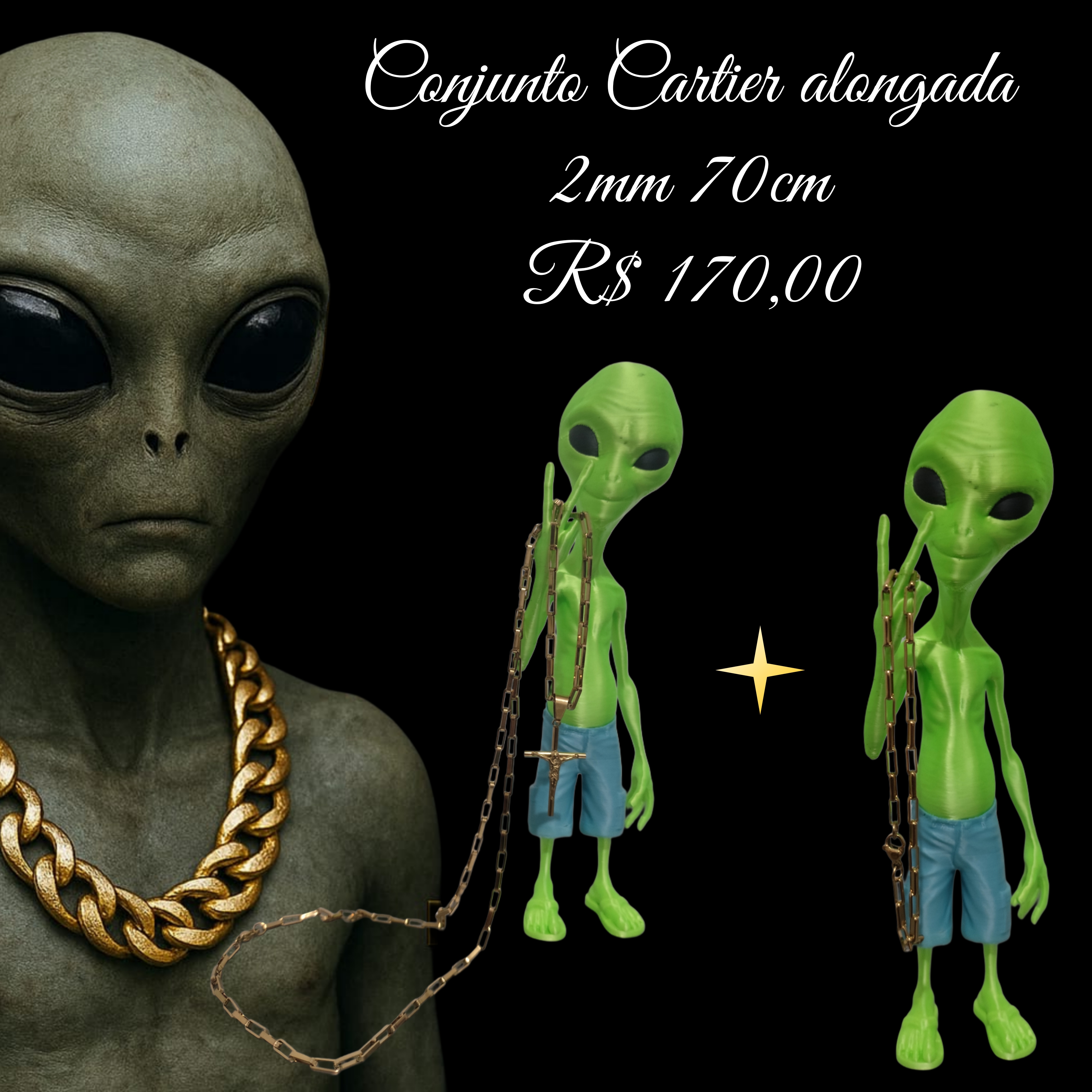Conjunto Corrente Cartier Alongado + Pulseira 2mm 70 cm banhado a ouro 18K