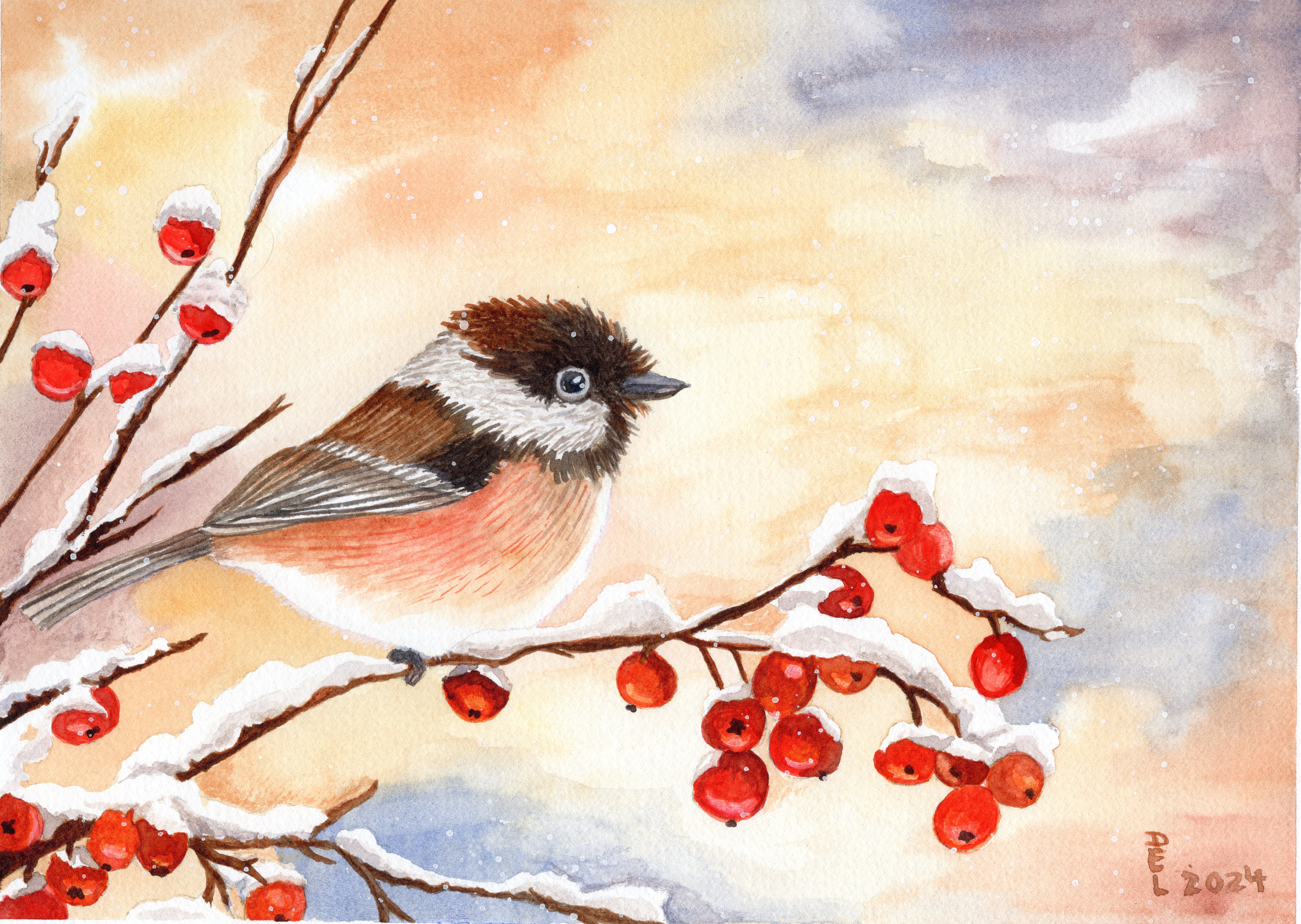 Chickadee and Berries in Winter