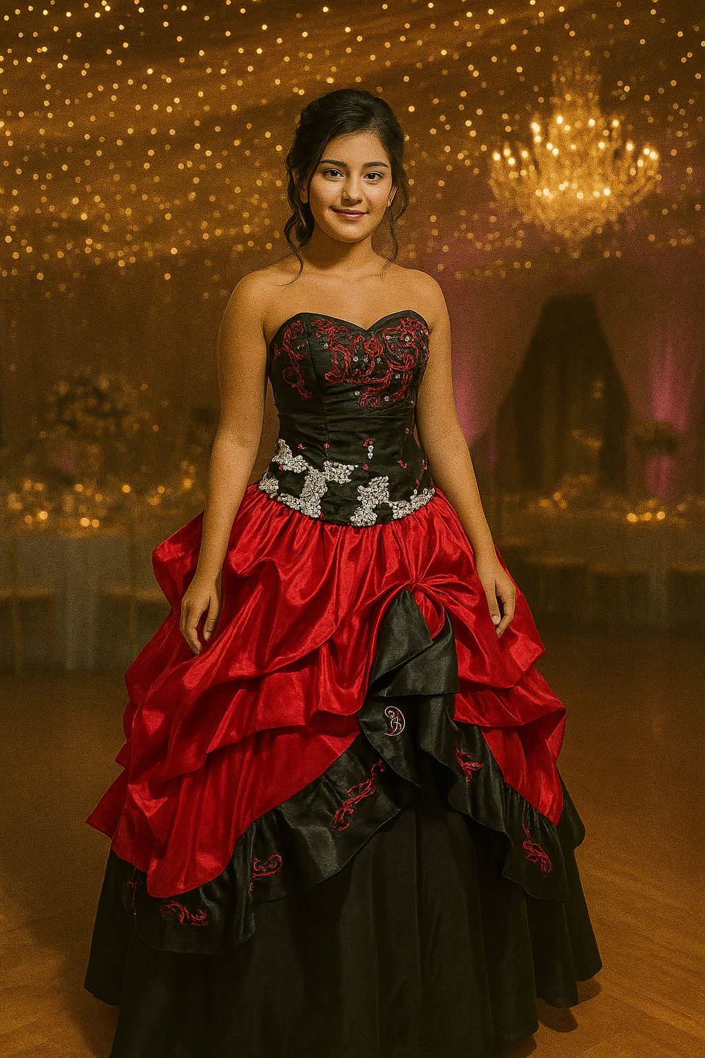Vestido de gala rojo y negro