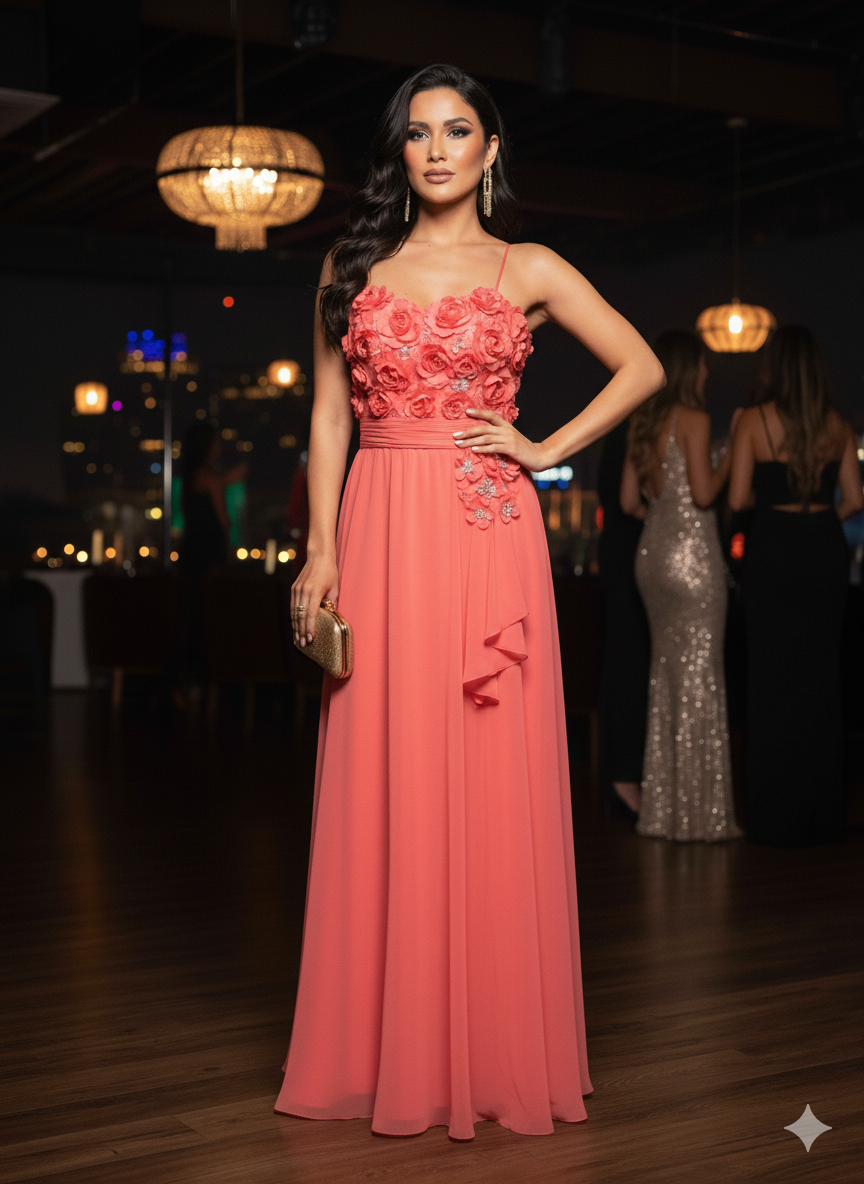 Vestido de fiesta largo coral