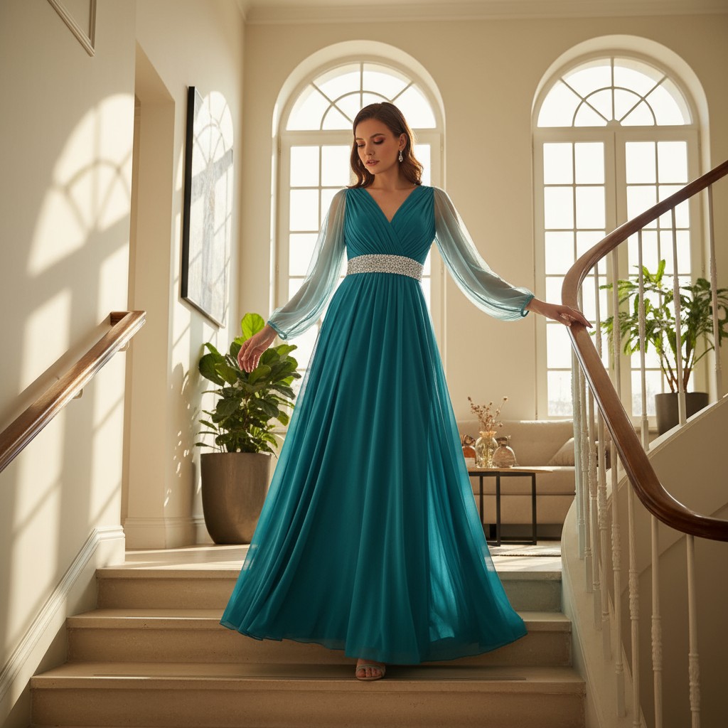 Vestido largo azul turquesa