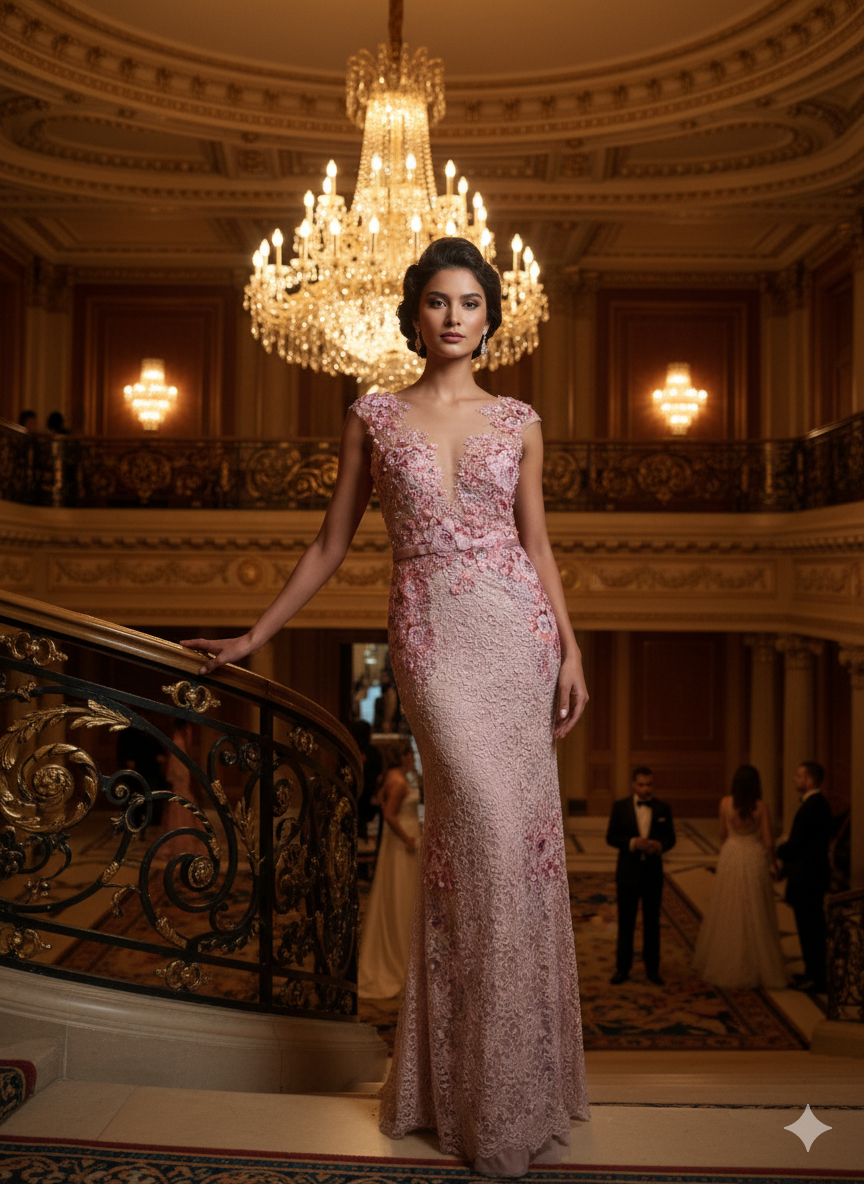 Vestido de gala rosa bordado