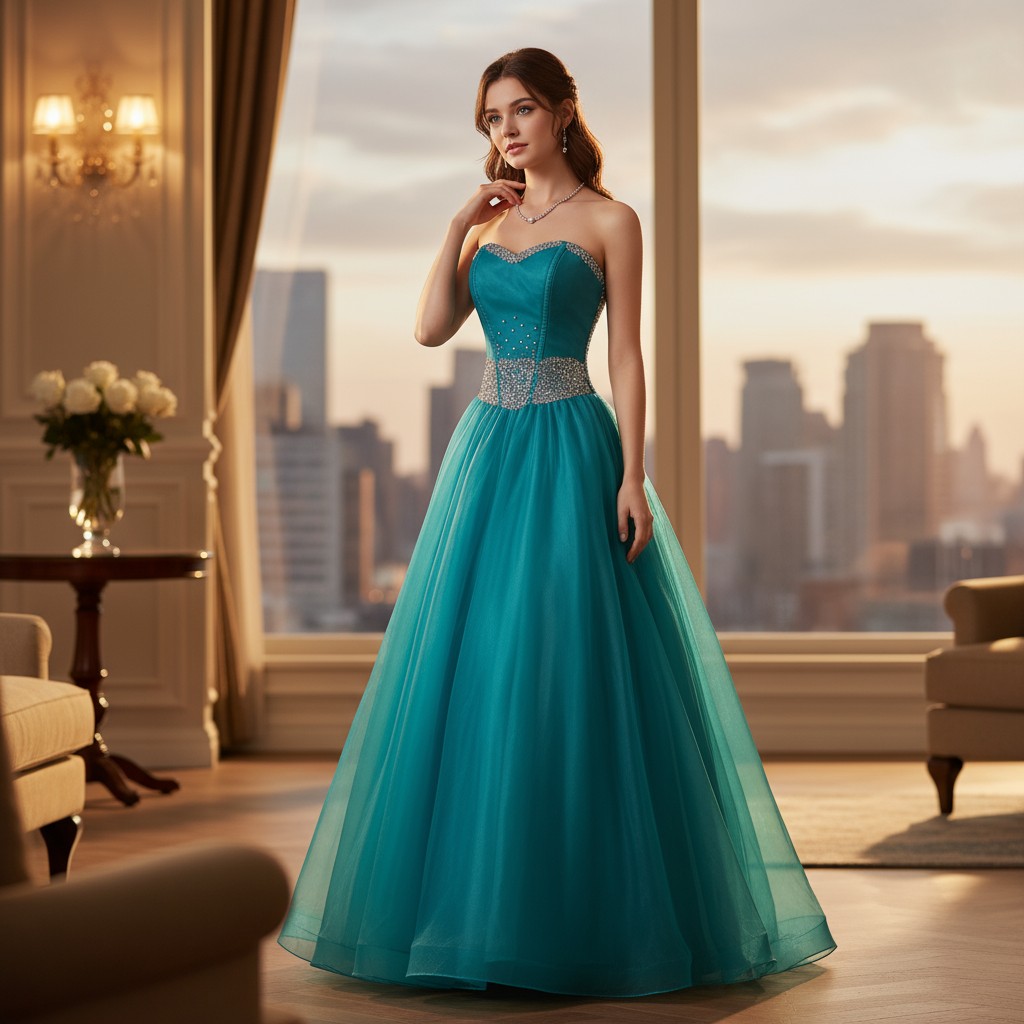 Vestido de gala azul turquesa