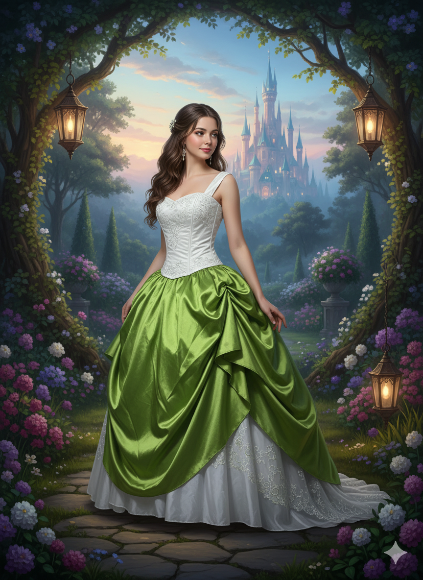 Vestido de princesa verde y blanco