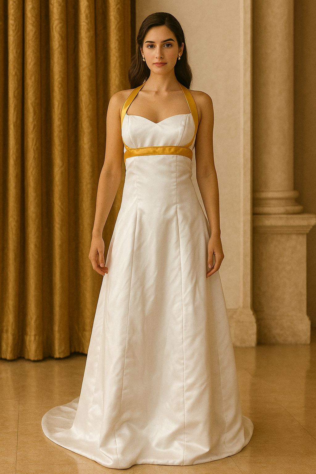 Vestido de novia blanco con detalles dorados