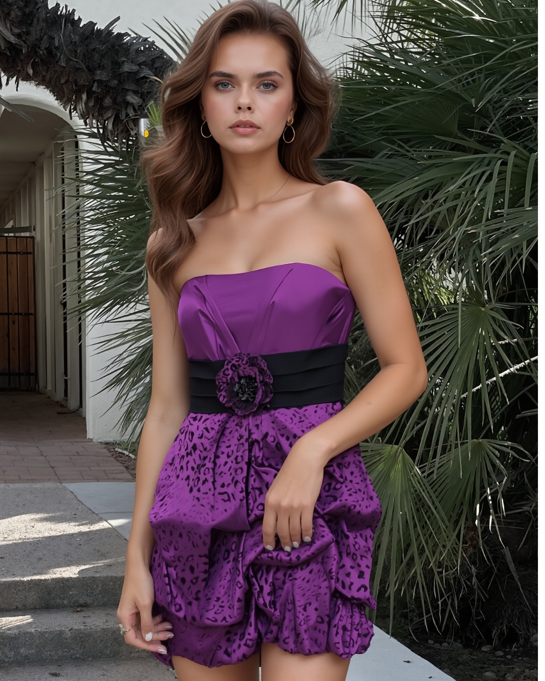 Vestido corto morado strapless