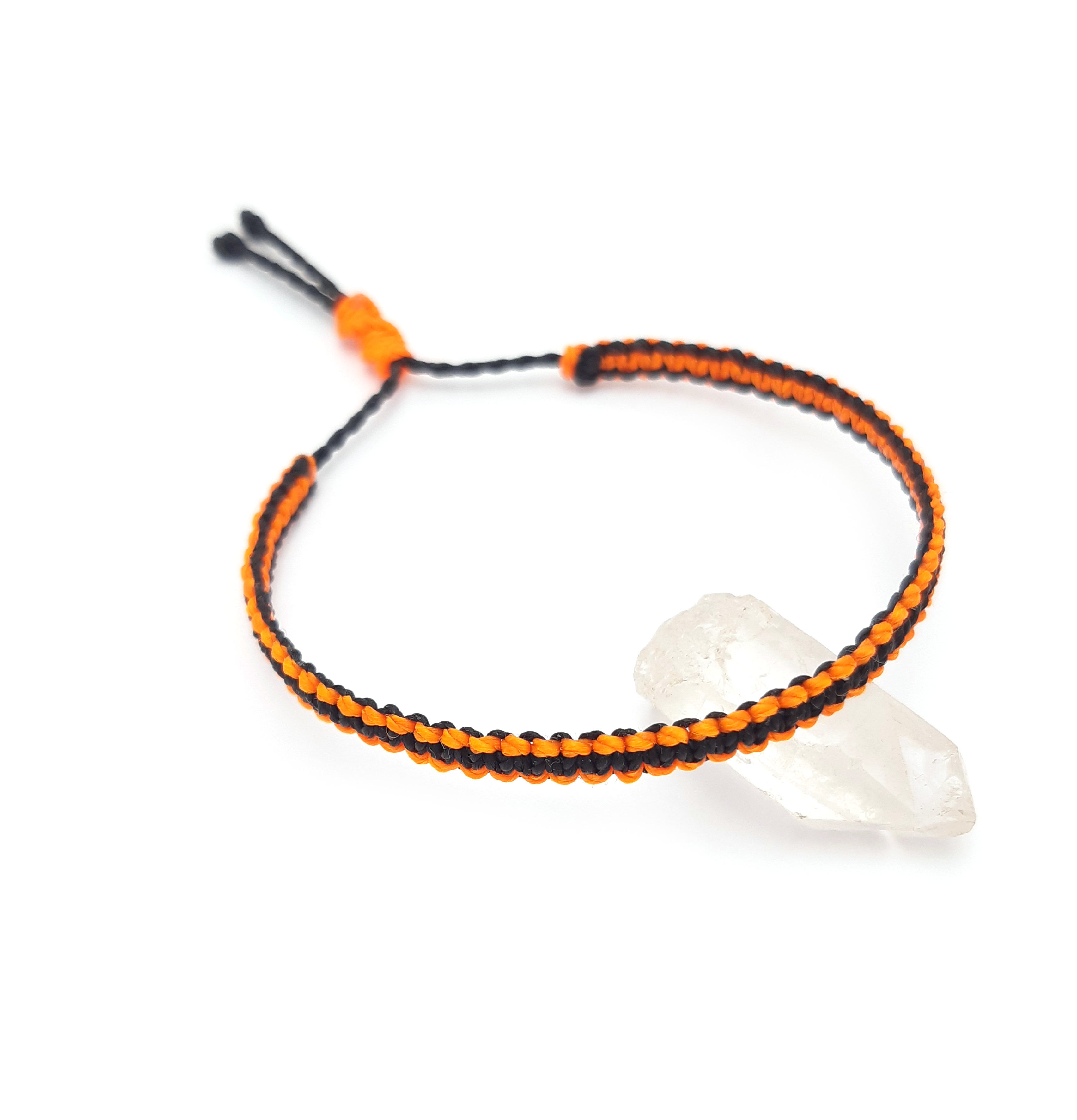 Bracelet Noir & Orange Fluo Modèle Fin Tissé Main Avec Du Fil Ciré. Ajustable & Résistant à l'eau.