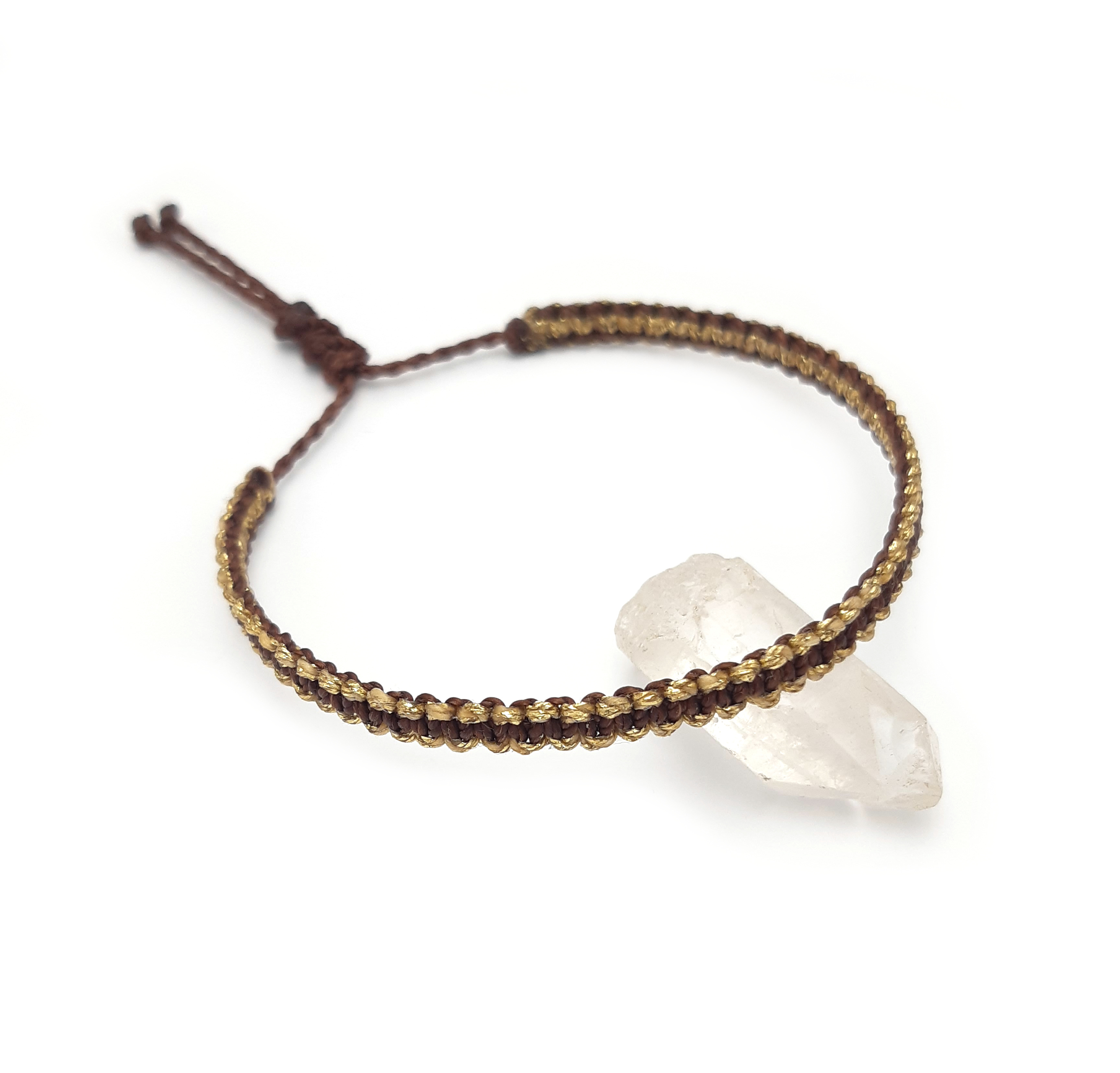 Bracelet Marron Foncé & Doré Modèle Fin Tissé Main Avec Du Fil Ciré. Ajustable & Résistant à l'eau.