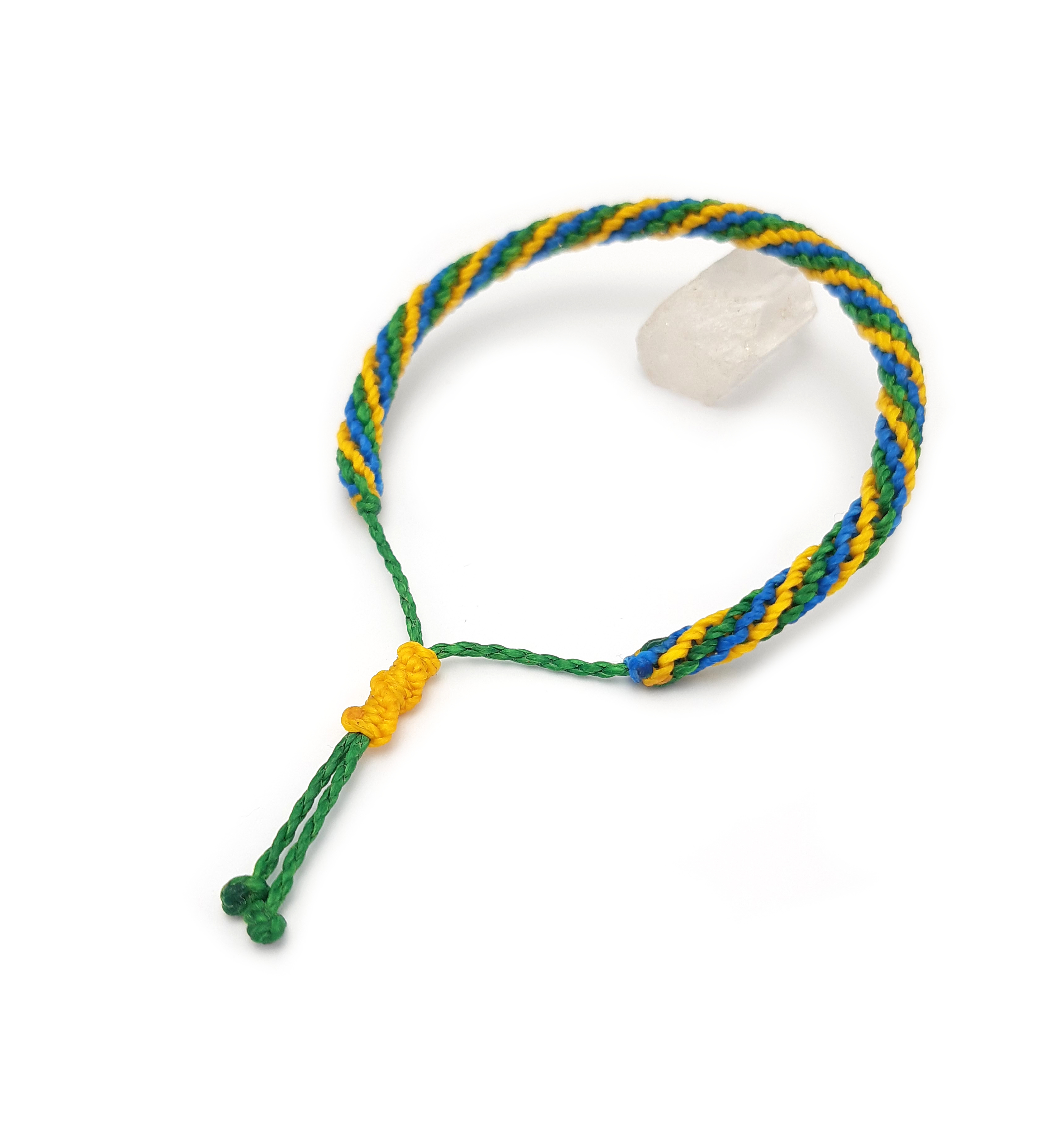 Bracelet Vert Jaune & Bleu Modèle Triple Spirale Tissé Main Avec Du Fil Ciré. Couleur Drapeau Brésil.