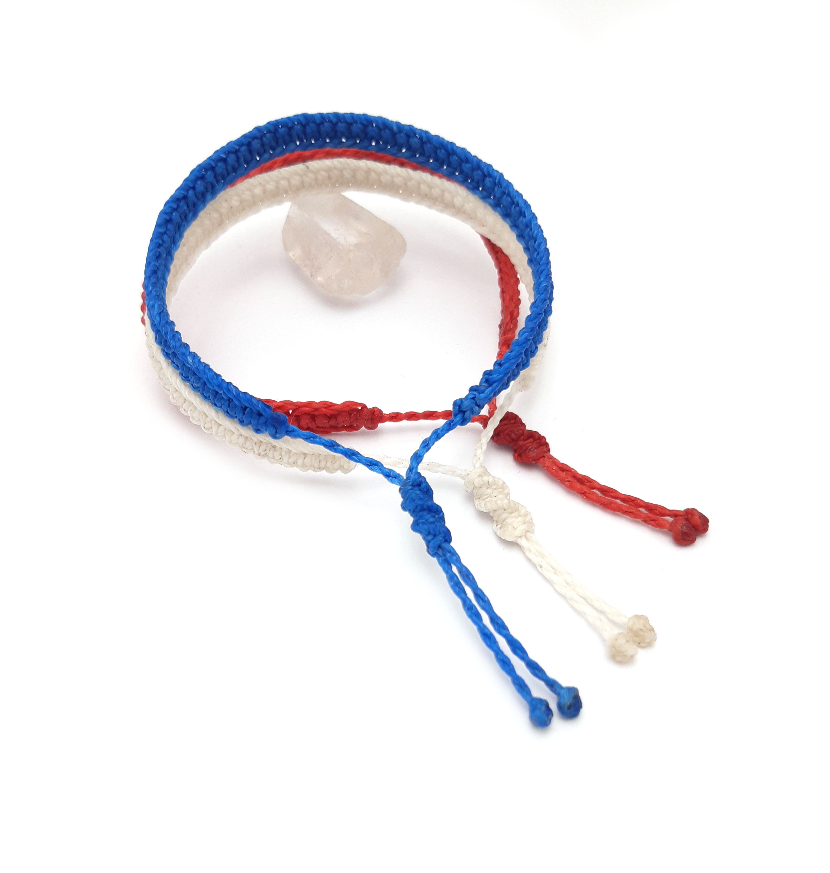  X3 Bracelets Bleu Blanc & Rouge Modèle Plat Tissé Main. Ajustables & Résistants à l'eau. Couleur Drapeaux France Pays-Bas Islande Croatie.