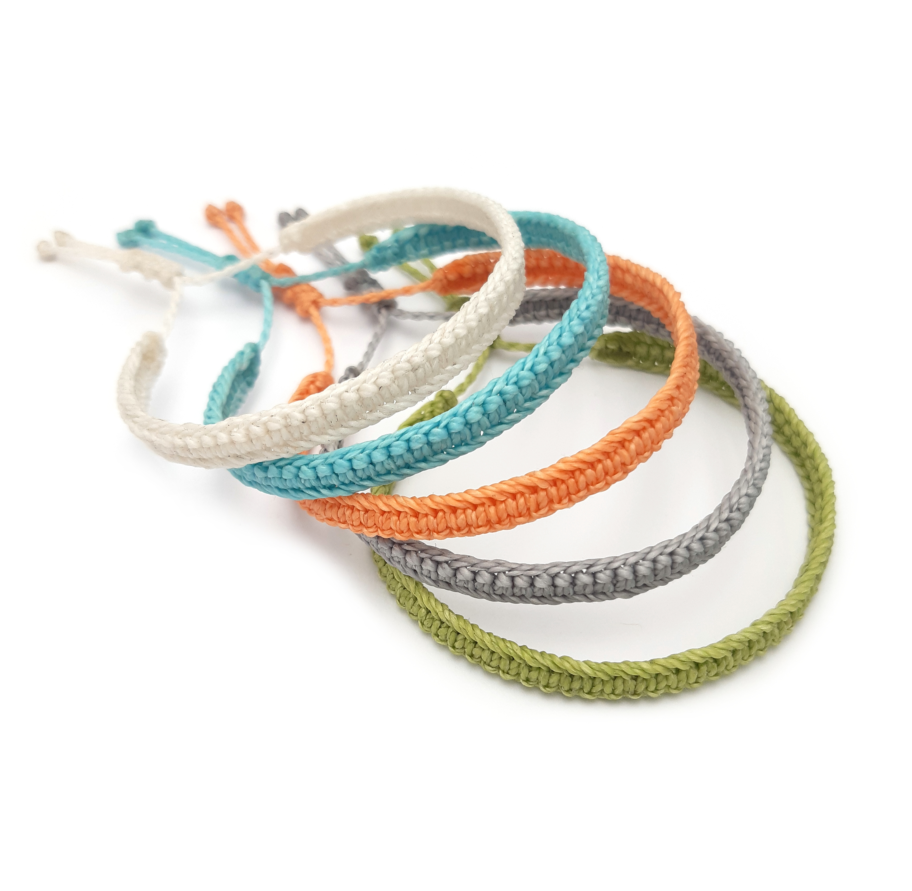 X5 Bracelets Mix Pastel Blanc Corail Bleu Ciel Gris Lime Modèle Plat Tissé Main. Ajustables & Résistants à l'eau.