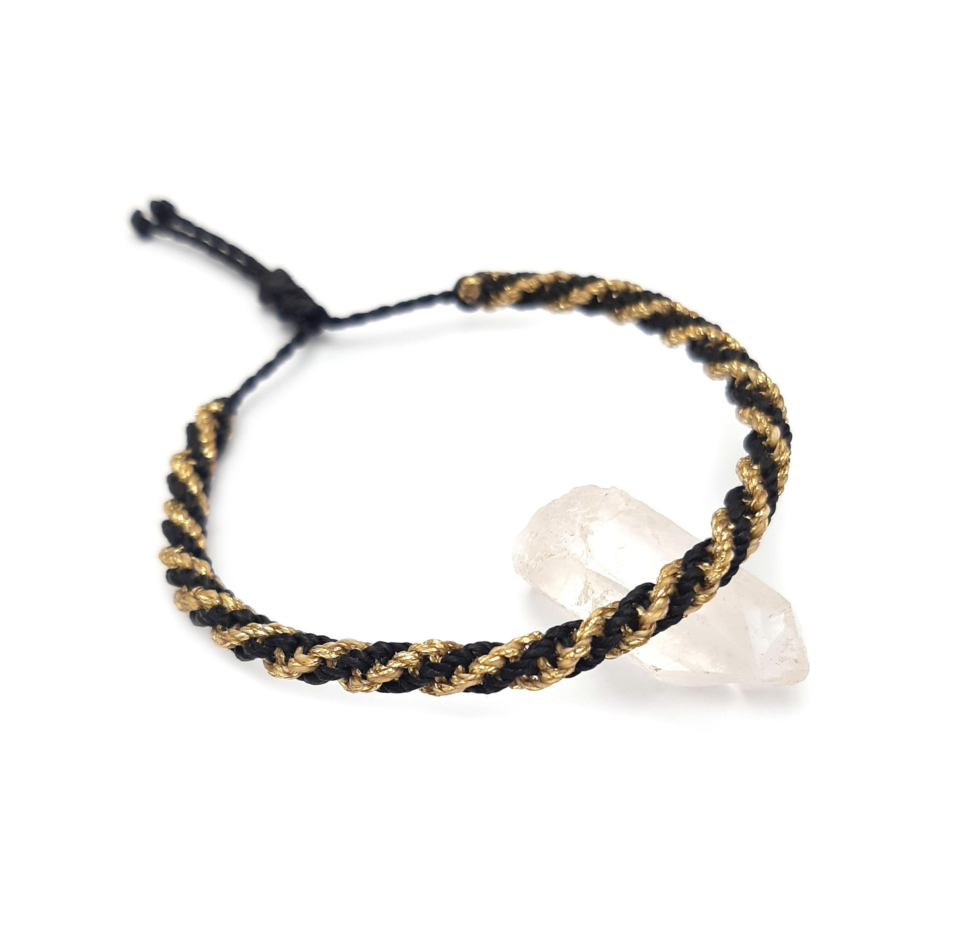 Bracelet Noir & Doré Modèle Double Spirale Tissé Main Avec Du Fil Ciré. Ajustable & Résistant à l'eau.