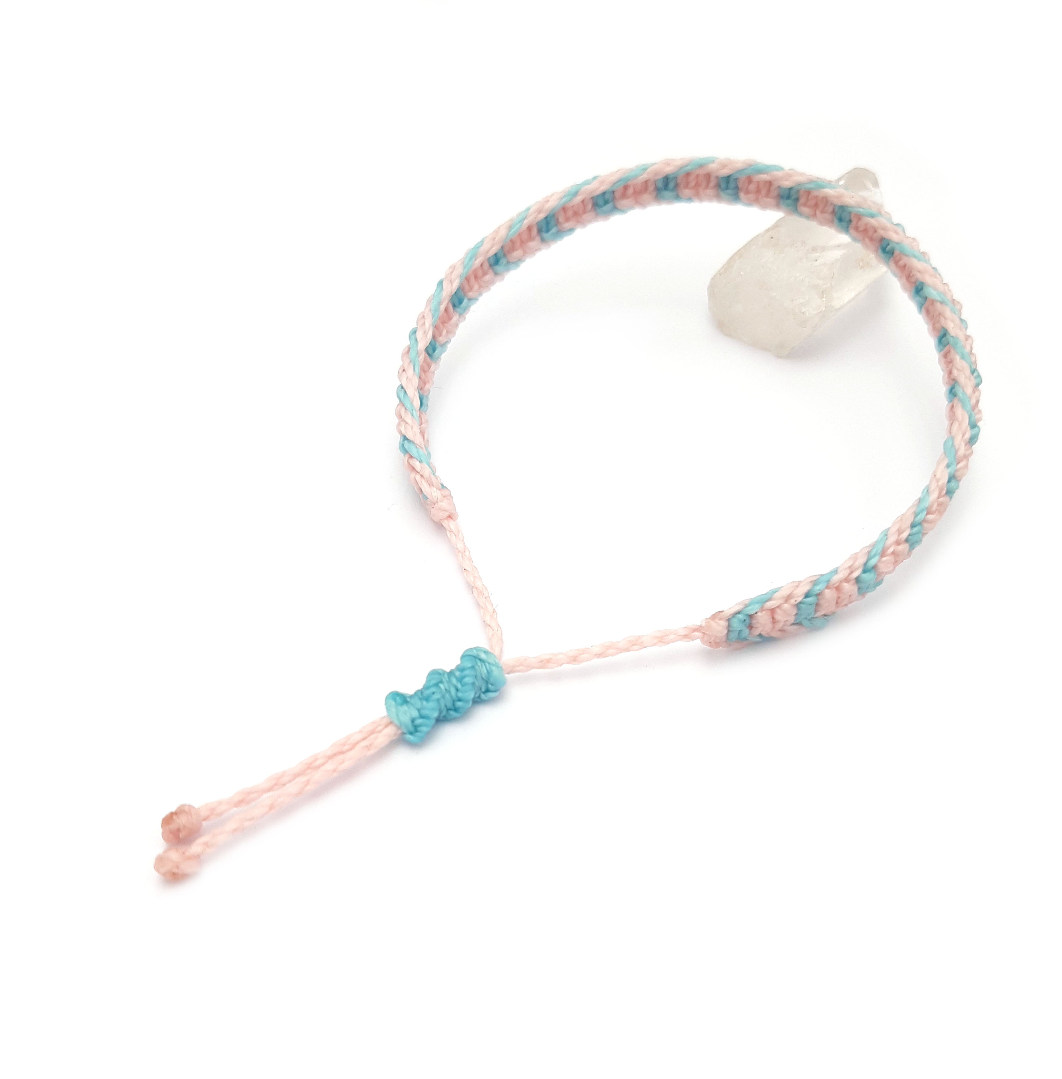  Bracelet Rose Pastel & Bleu Ciel Modèle Plat Tissé Main Avec du Fil Ciré. Ajustable & Résistant à l'eau. 