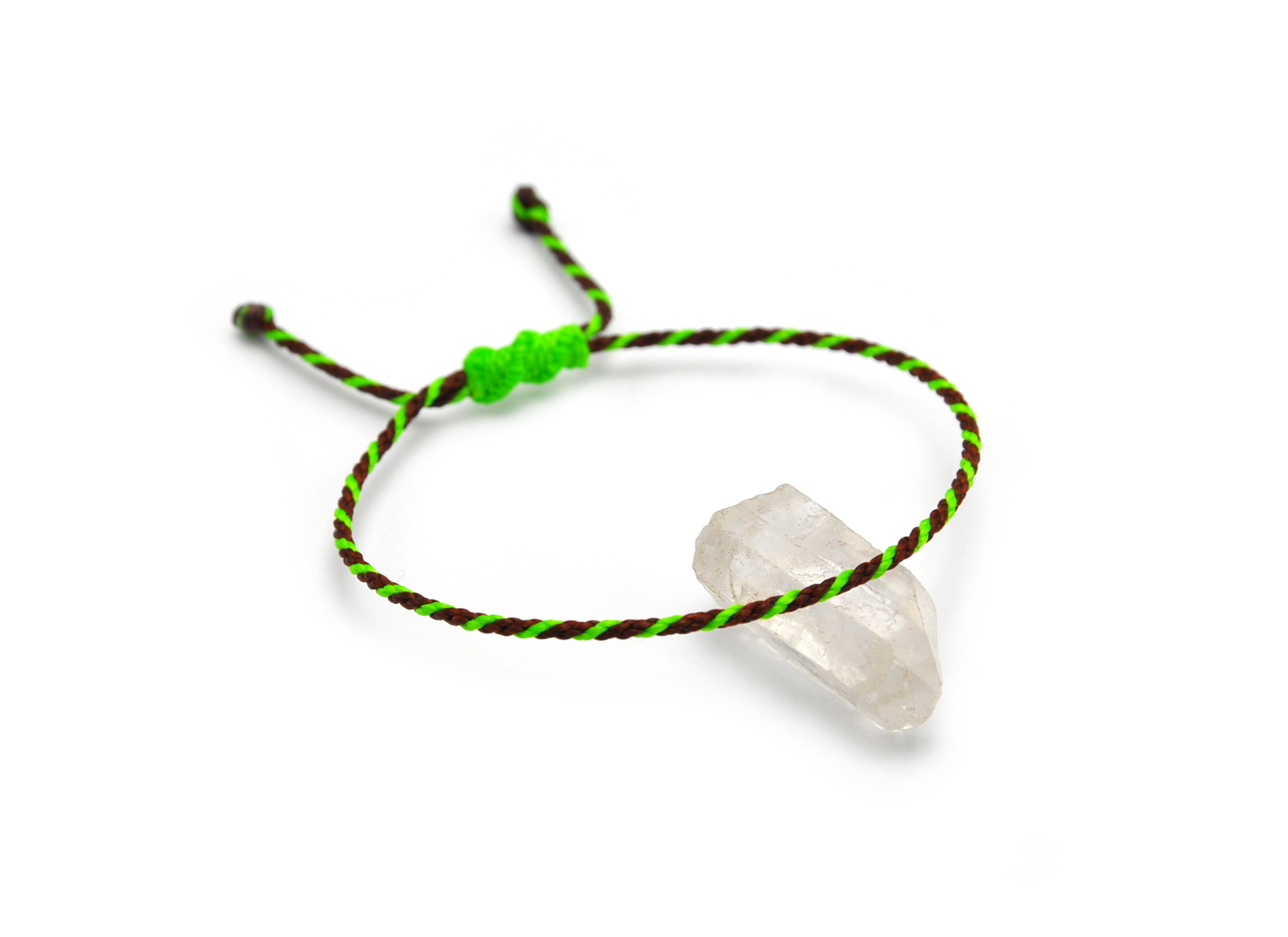 Bracelet Marron Foncé & Vert Fluo Modèle Corde Tressé Main Avec Du Fil Ciré Résistant à l' Eau & Ajustable Avec Un Nœud Coulissant