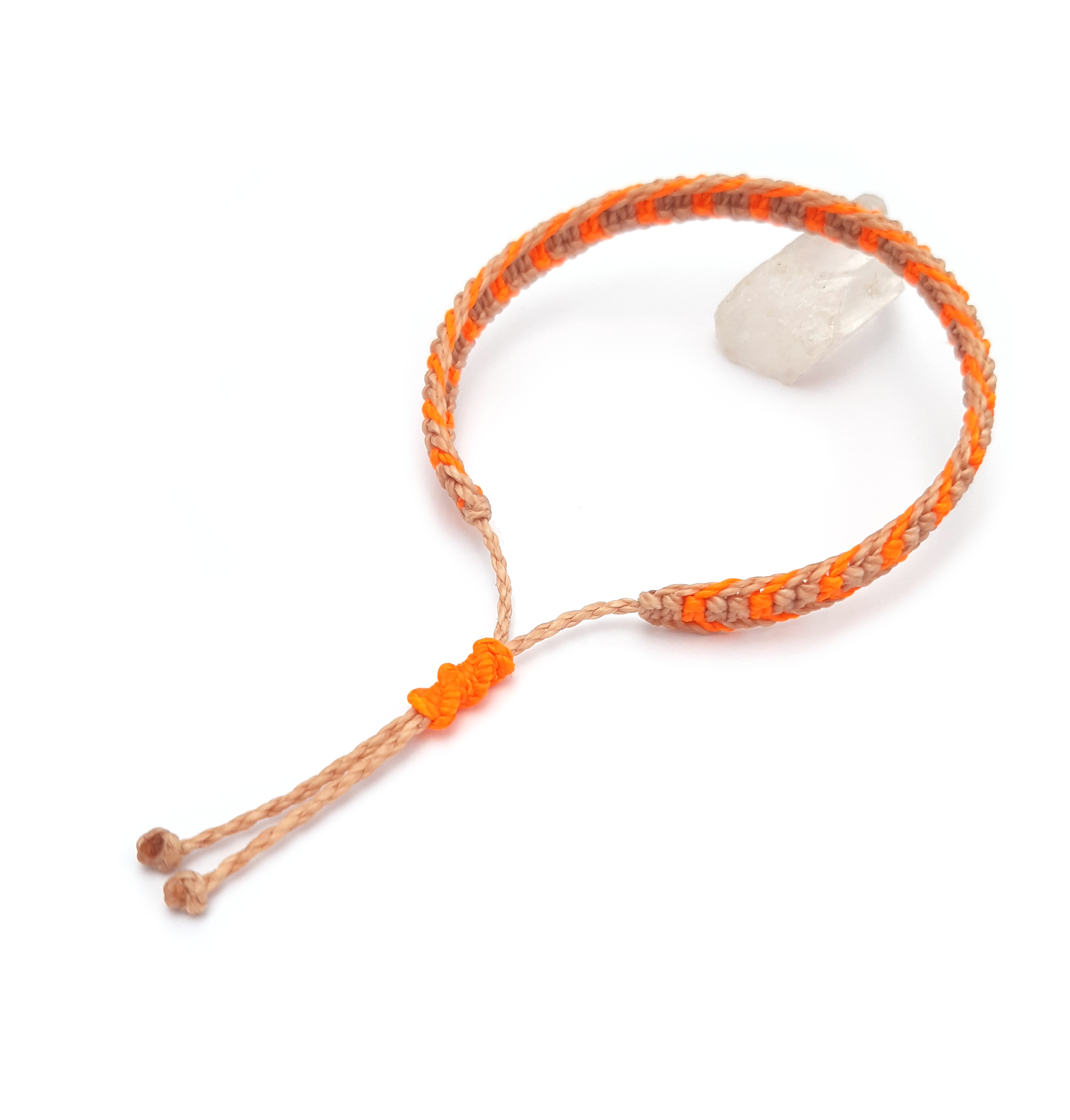  Bracelet Beige & Orange Fluo Modèle Plat Tissé Main Avec du Fil Ciré. Ajustable & Résistant à l'eau. 