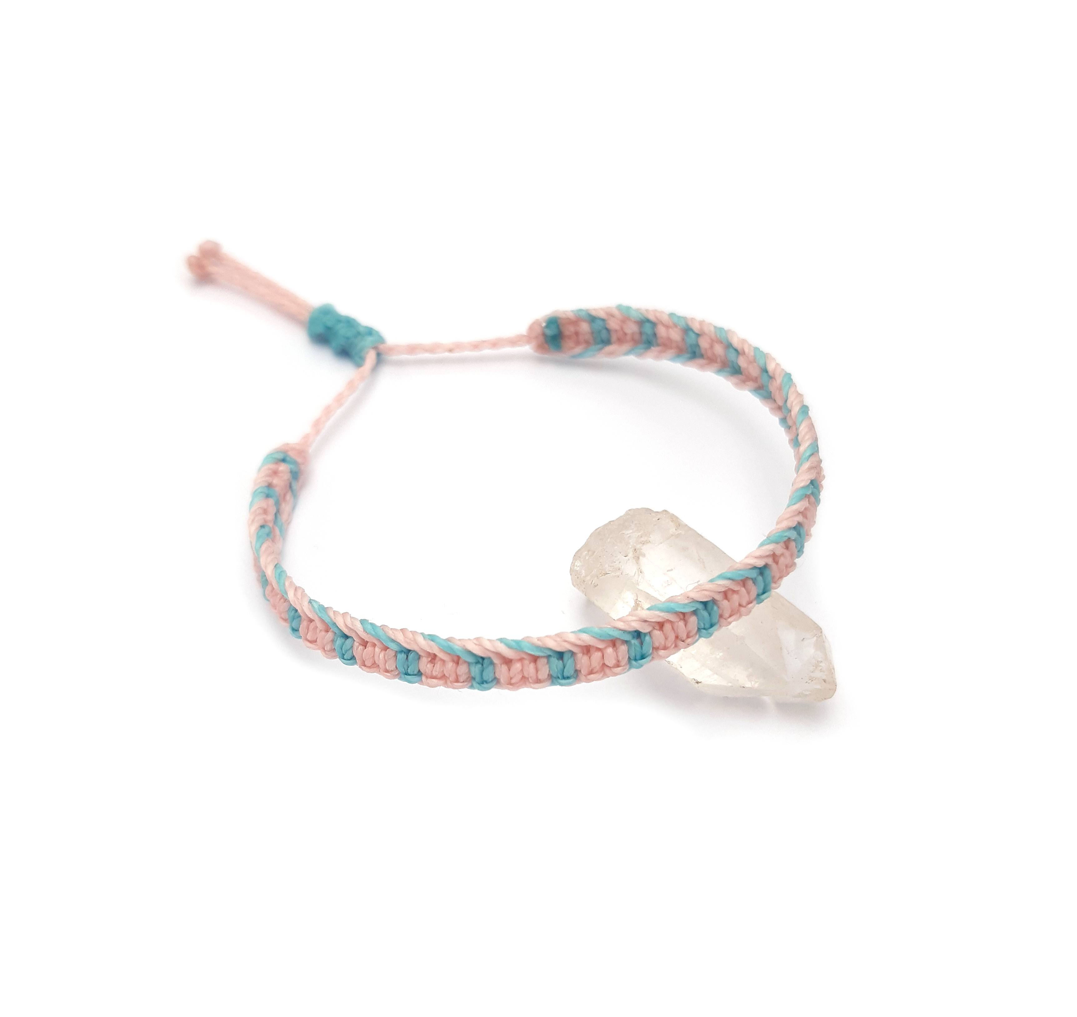 Bracelet Rose Pastel & Bleu Ciel Modèle Plat Tissé Main Avec du Fil Ciré. Ajustable & Résistant à l'eau.