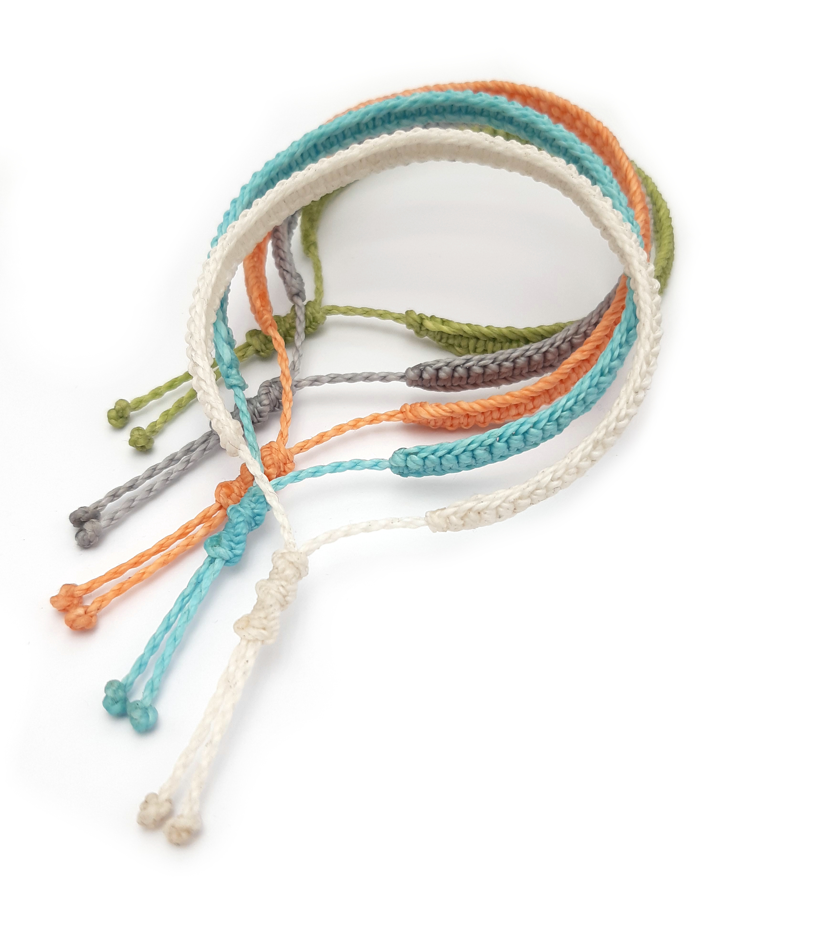  X5 Bracelets Mix Pastel Blanc Corail Bleu Ciel Gris Lime Modèle Plat Tissé Main. Ajustables & Résistants à l'eau.