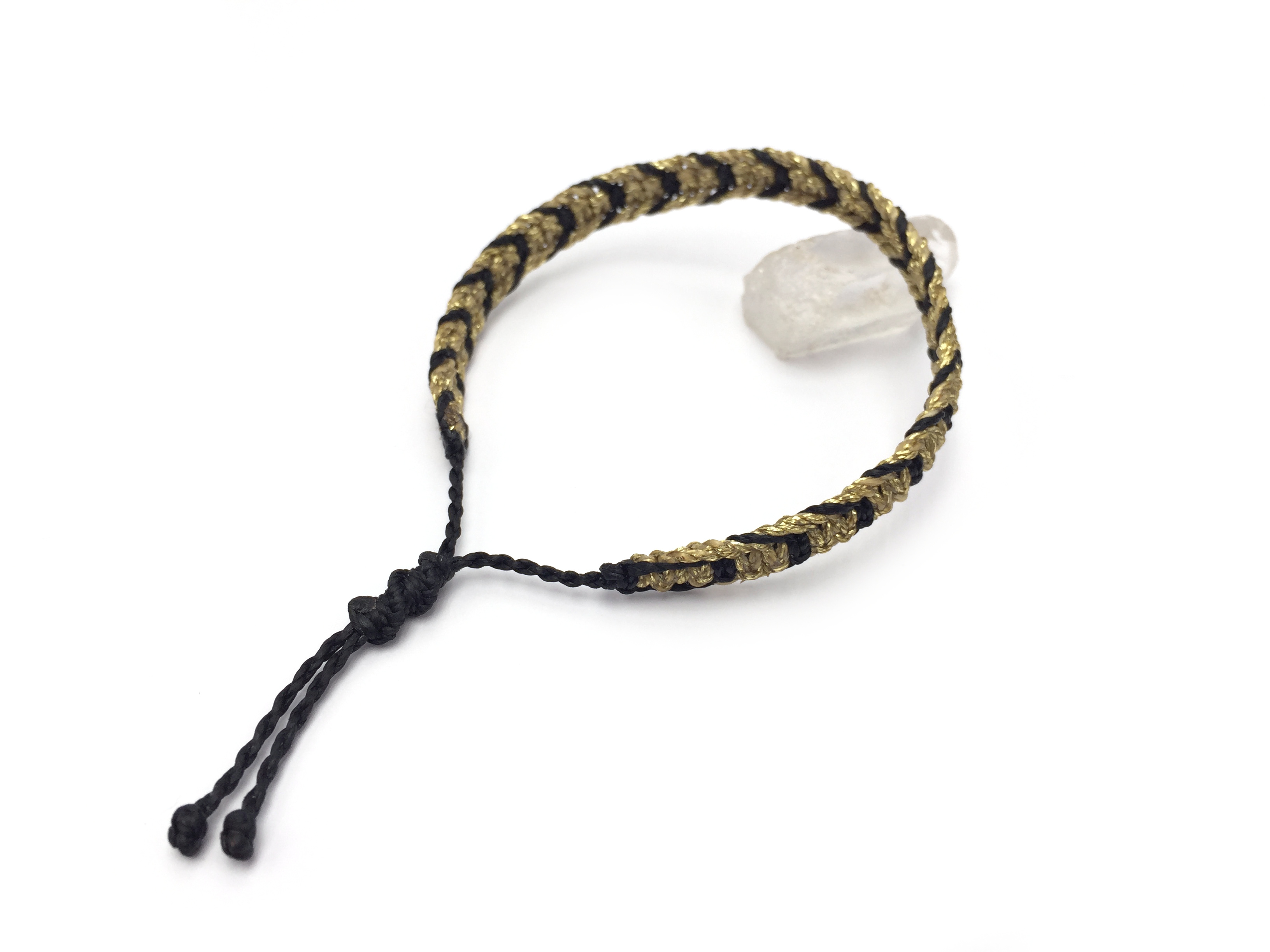  Bracelet Doré & Noir Modèle Plat Tissé Main Avec du Fil Ciré. Ajustable & Résistant à l'eau. 