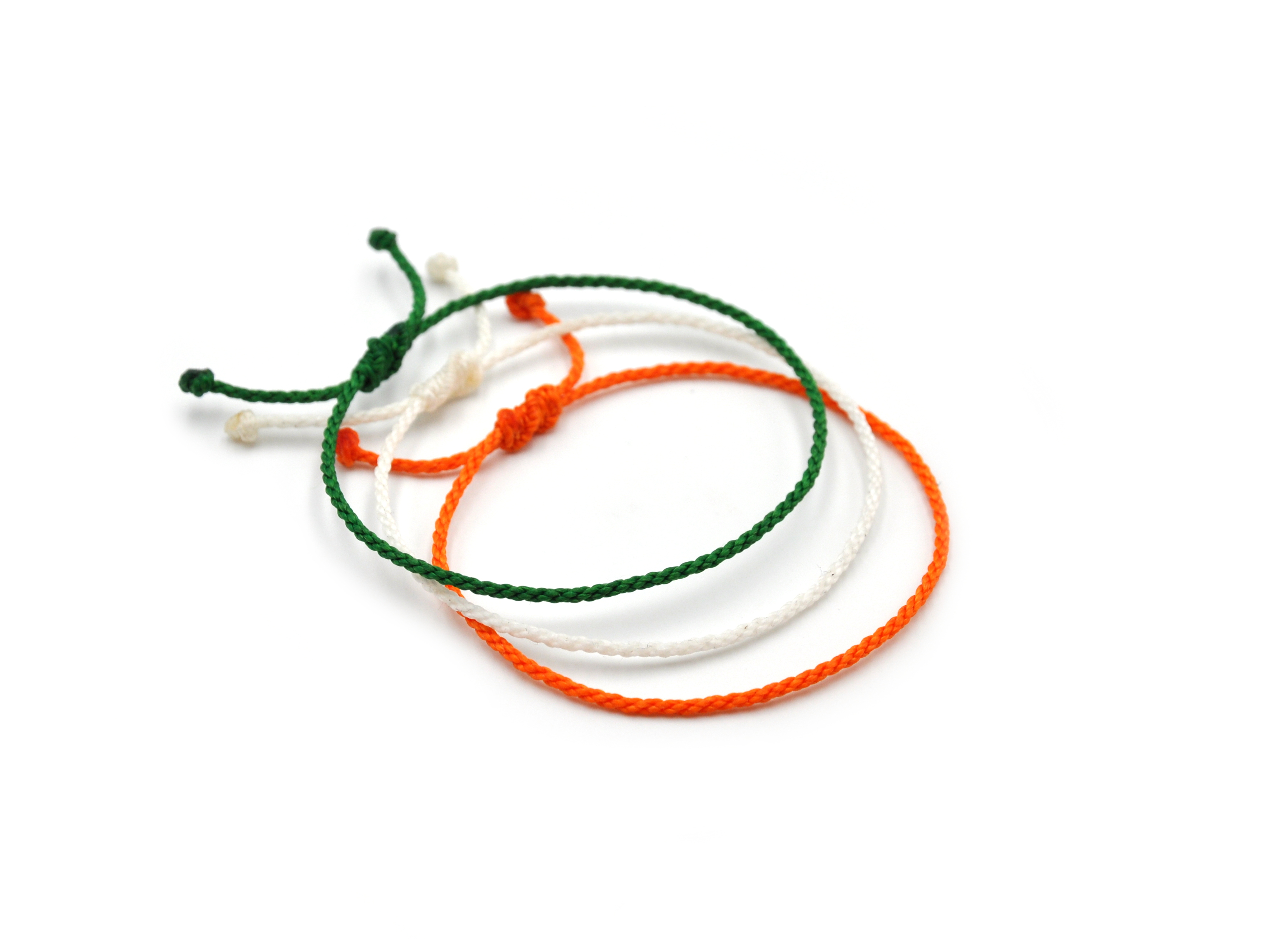 X3 Bracelets Mix Vert Orange & Blanc Modèle Corde Tressé Main Avec Du Fil Ciré. Résistant à l' Eau & Ajustable. Couleur Drapeaux Irlande Inde Niger Côte d'Ivoire.