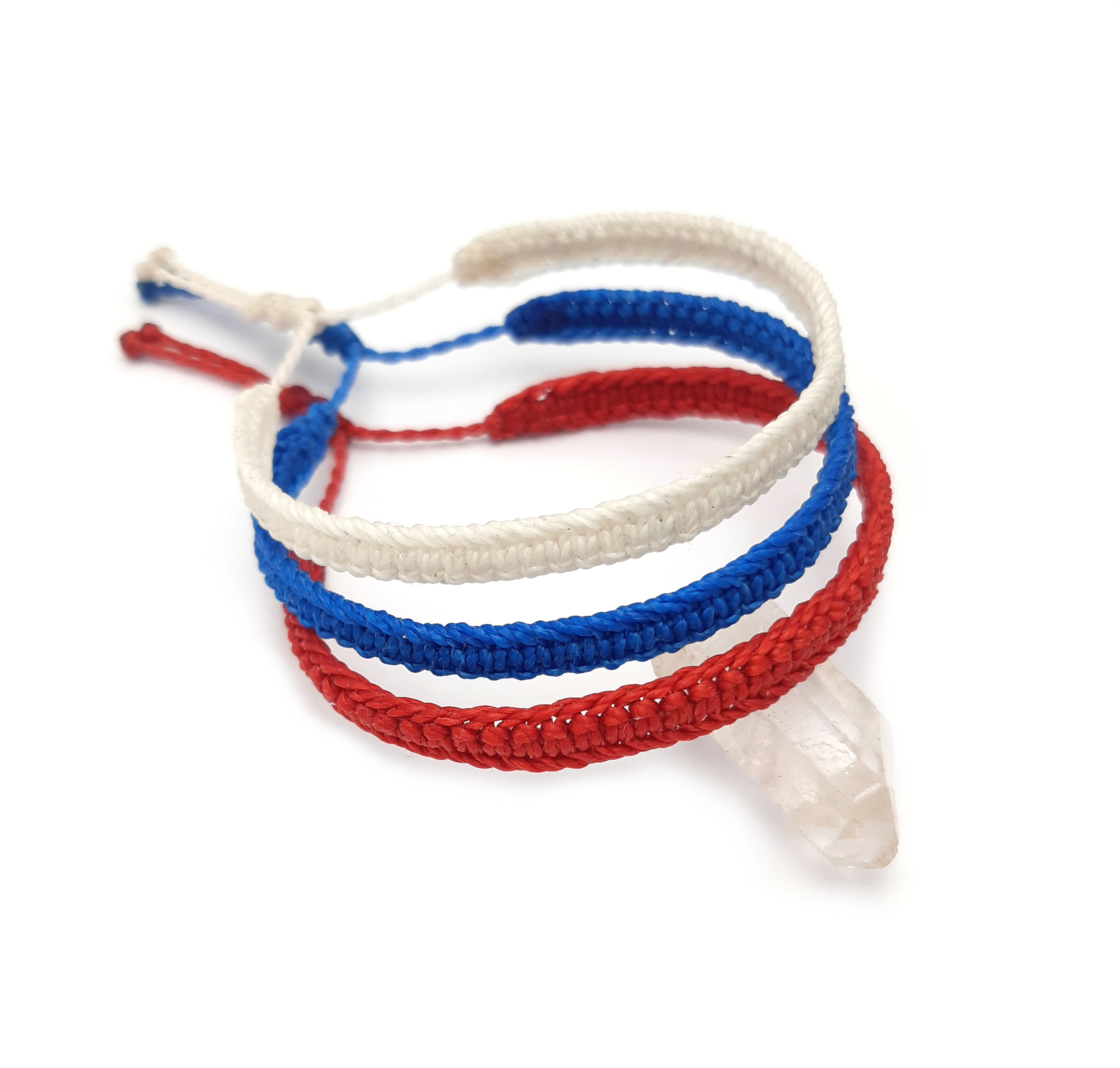  X3 Bracelets Bleu Blanc & Rouge Modèle Plat Tissé Main. Ajustables & Résistants à l'eau. Couleur Drapeaux France Pays-Bas Islande Croatie.