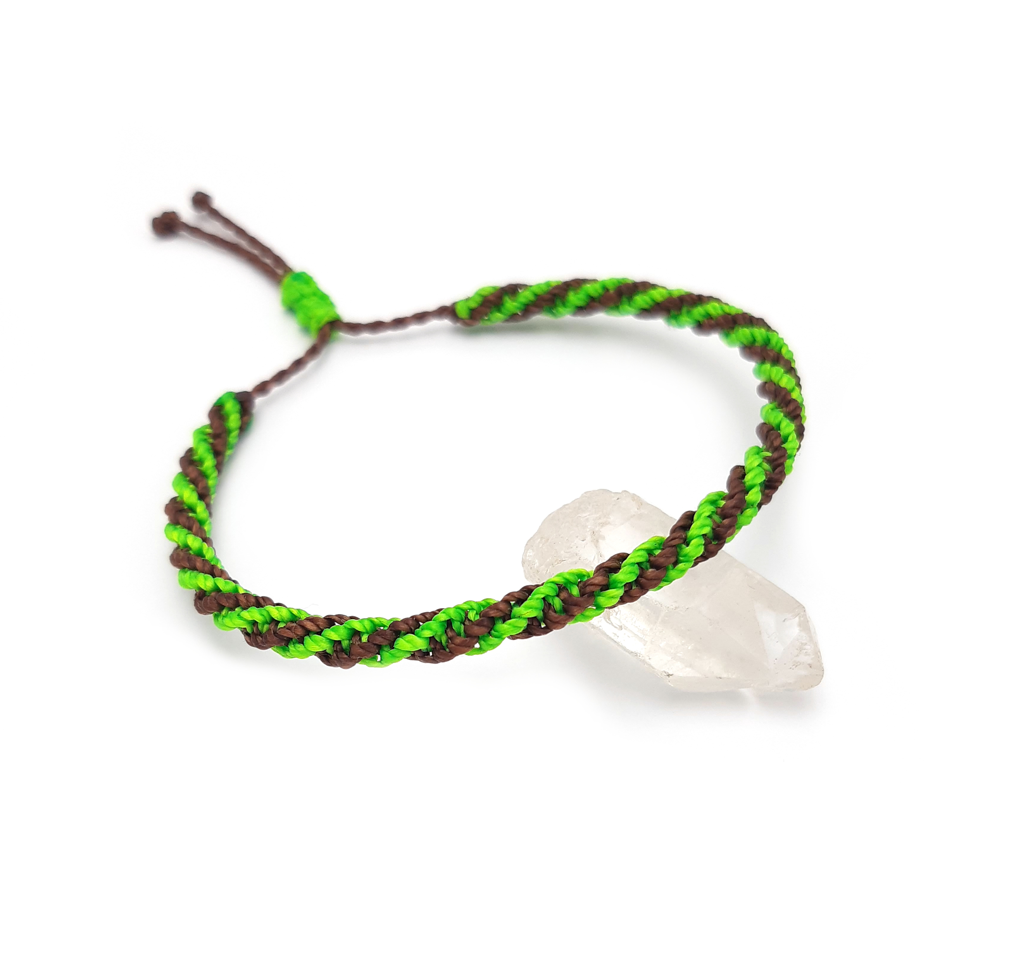 Bracelet Marron Foncé & Vert Fluo Modèle Double Spirale Tissé Main Avec Du Fil Ciré. Ajustable & Résistant à l'eau.