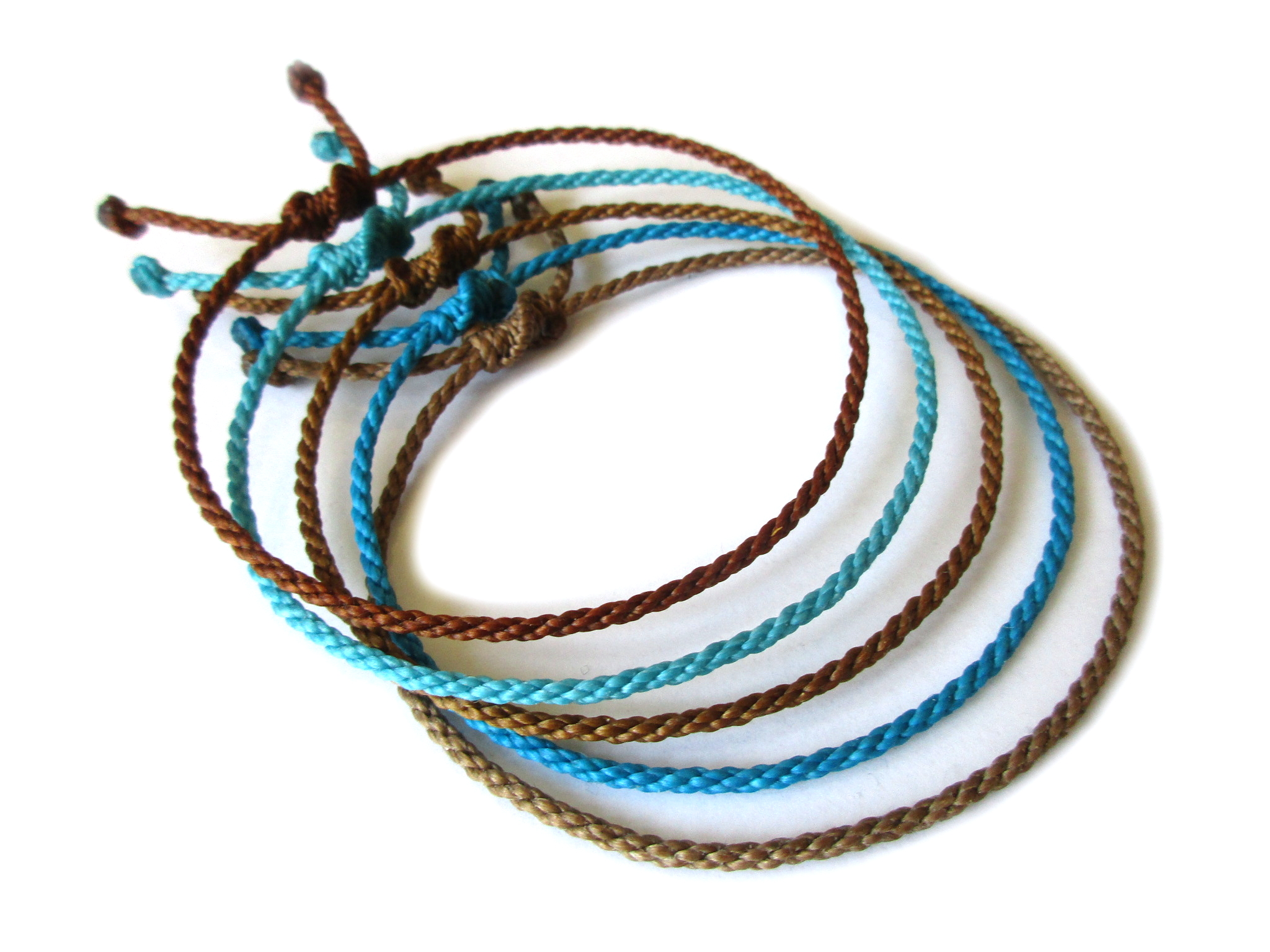 X5 Bracelets Mix Bleu & Marron Modèle Corde Tressé Main Avec Du Fil Ciré. Résistant à l' Eau & Ajustable Avec Un Nœud Coulissant.