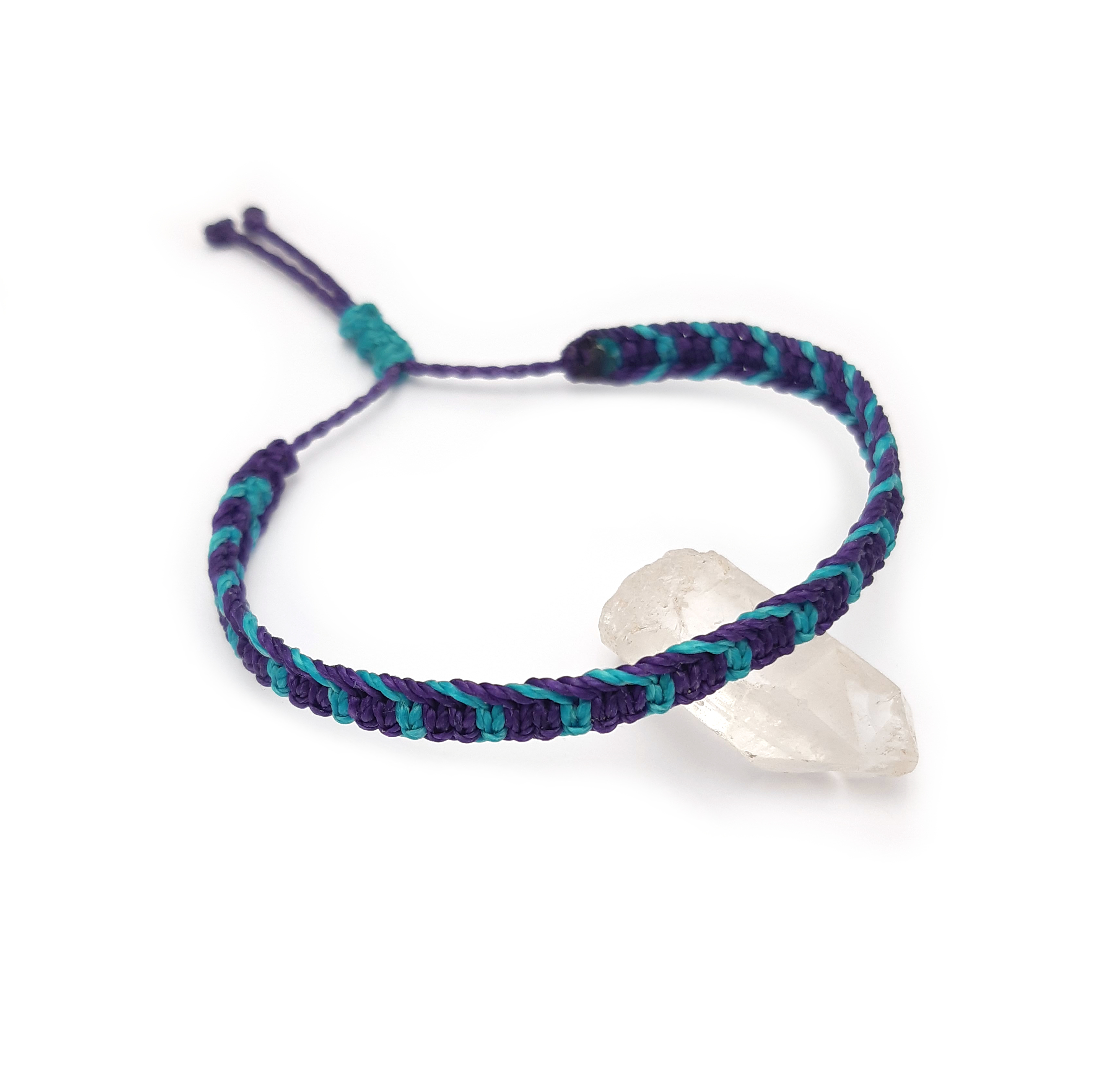  Bracelet Violet & Bleu Turquoise Modèle Plat Tissé Main Avec du Fil Ciré. Ajustable & Résistant à l'eau. 