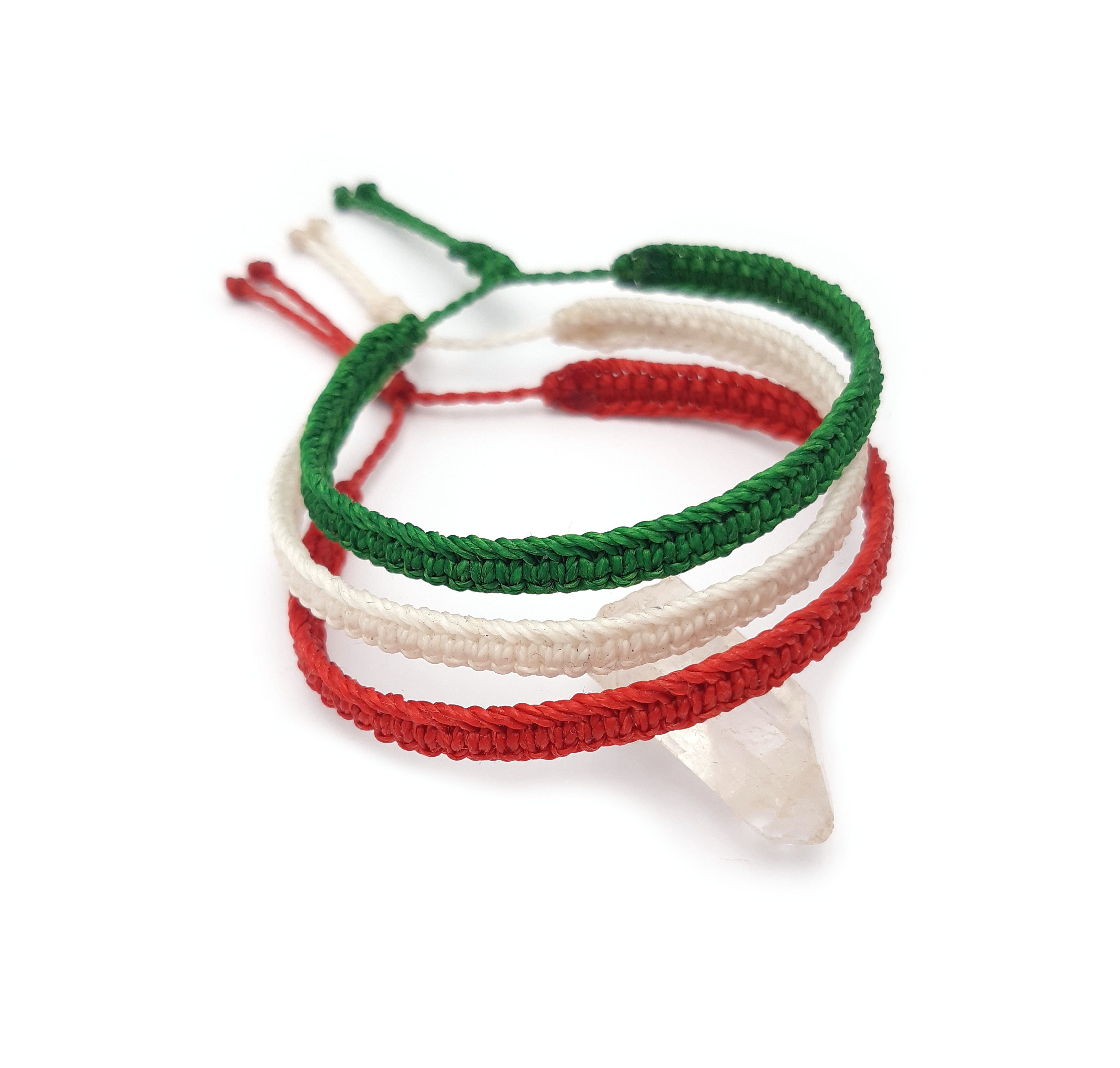X3 Bracelets Vert Blanc & Rouge Modèle Plat Tissé Main. Ajustables & Résistants à l'eau. Couleur Drapeau Italie Algérie Bulgarie Hongrie Iran.
