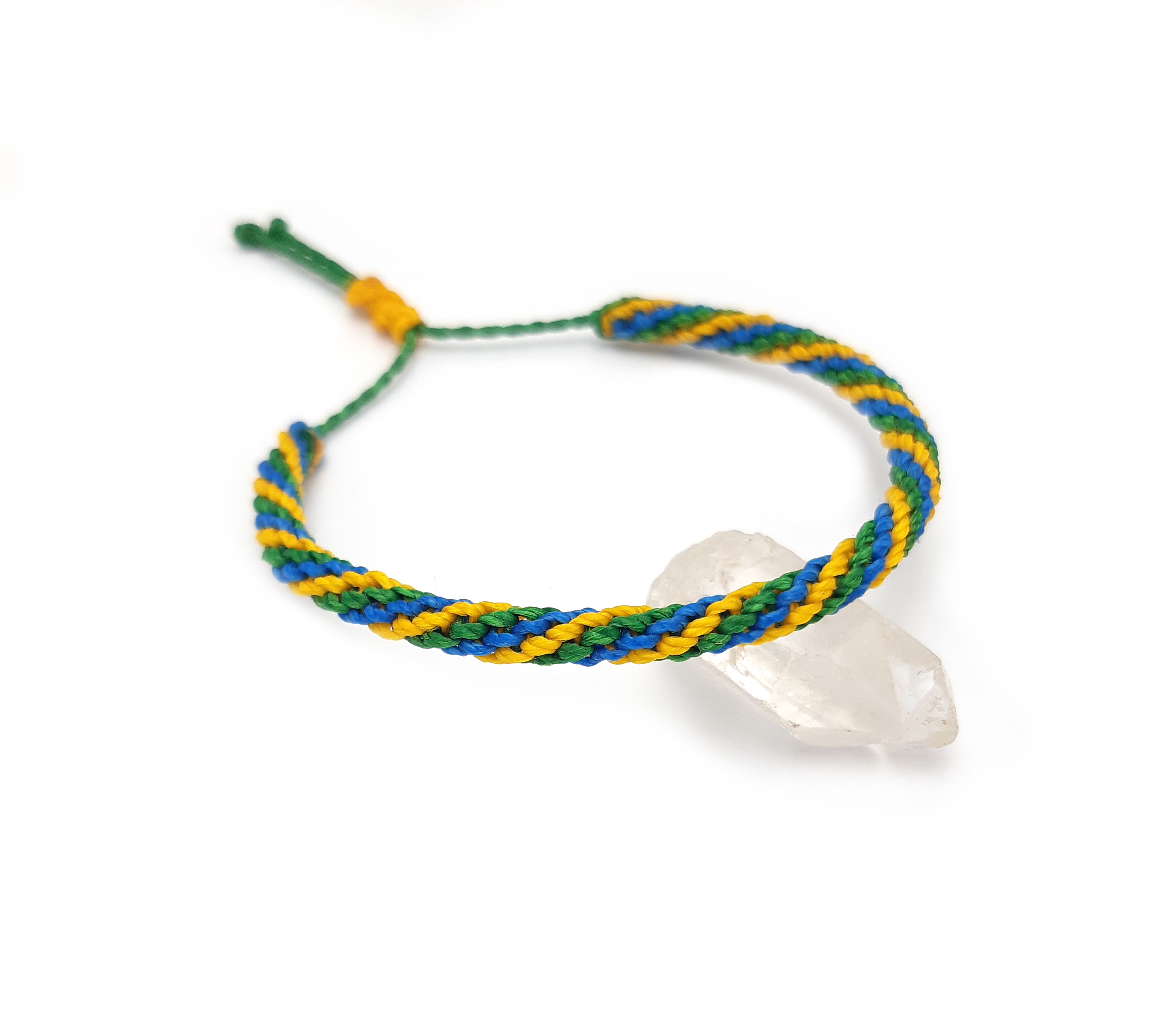 Bracelet Vert Jaune & Bleu Modèle Triple Spirale Tissé Main Avec Du Fil Ciré. Couleur Drapeau Brésil.