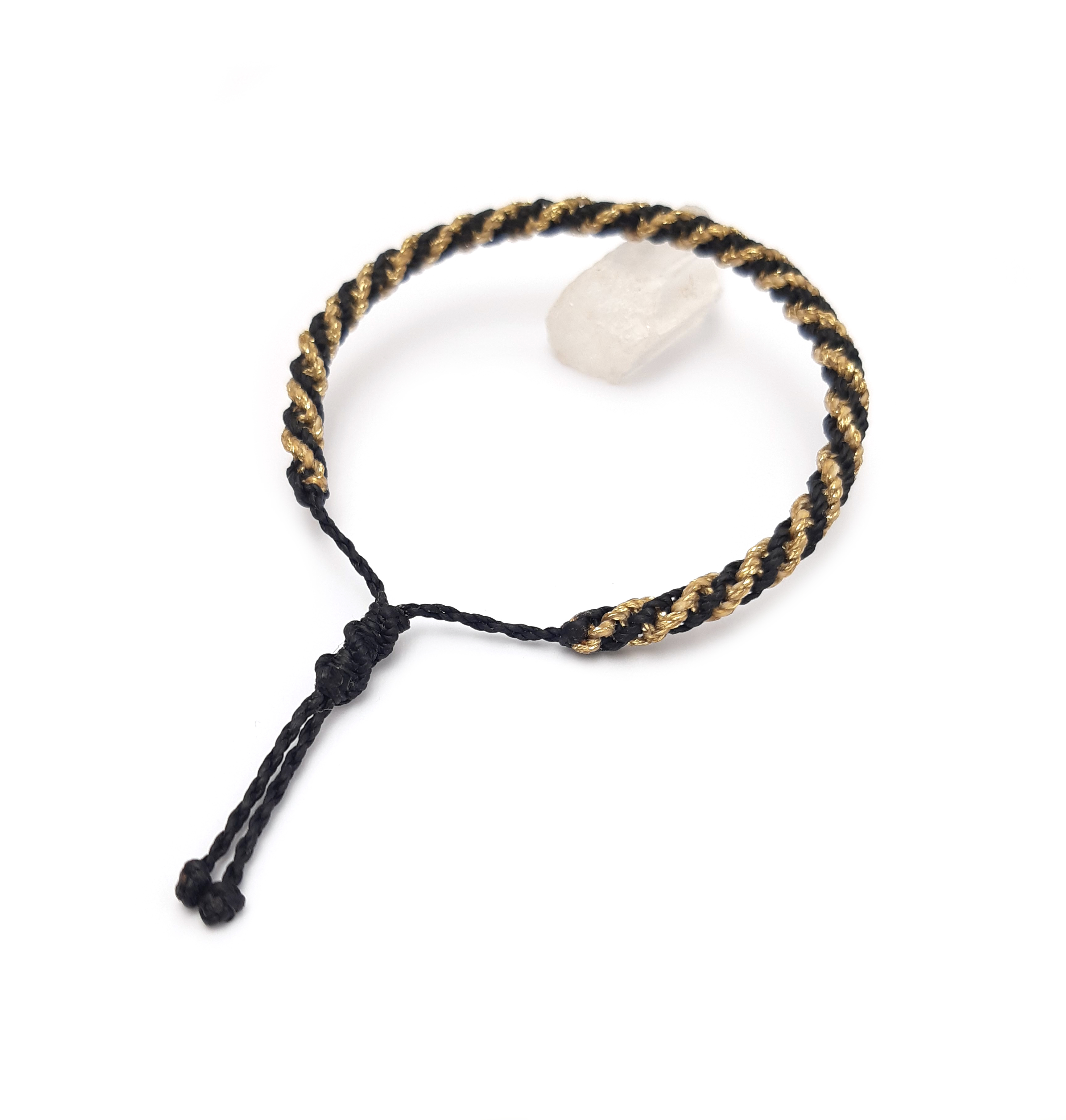 Bracelet Noir & Doré Modèle Double Spirale Tissé Main Avec Du Fil Ciré. Ajustable & Résistant à l'eau.