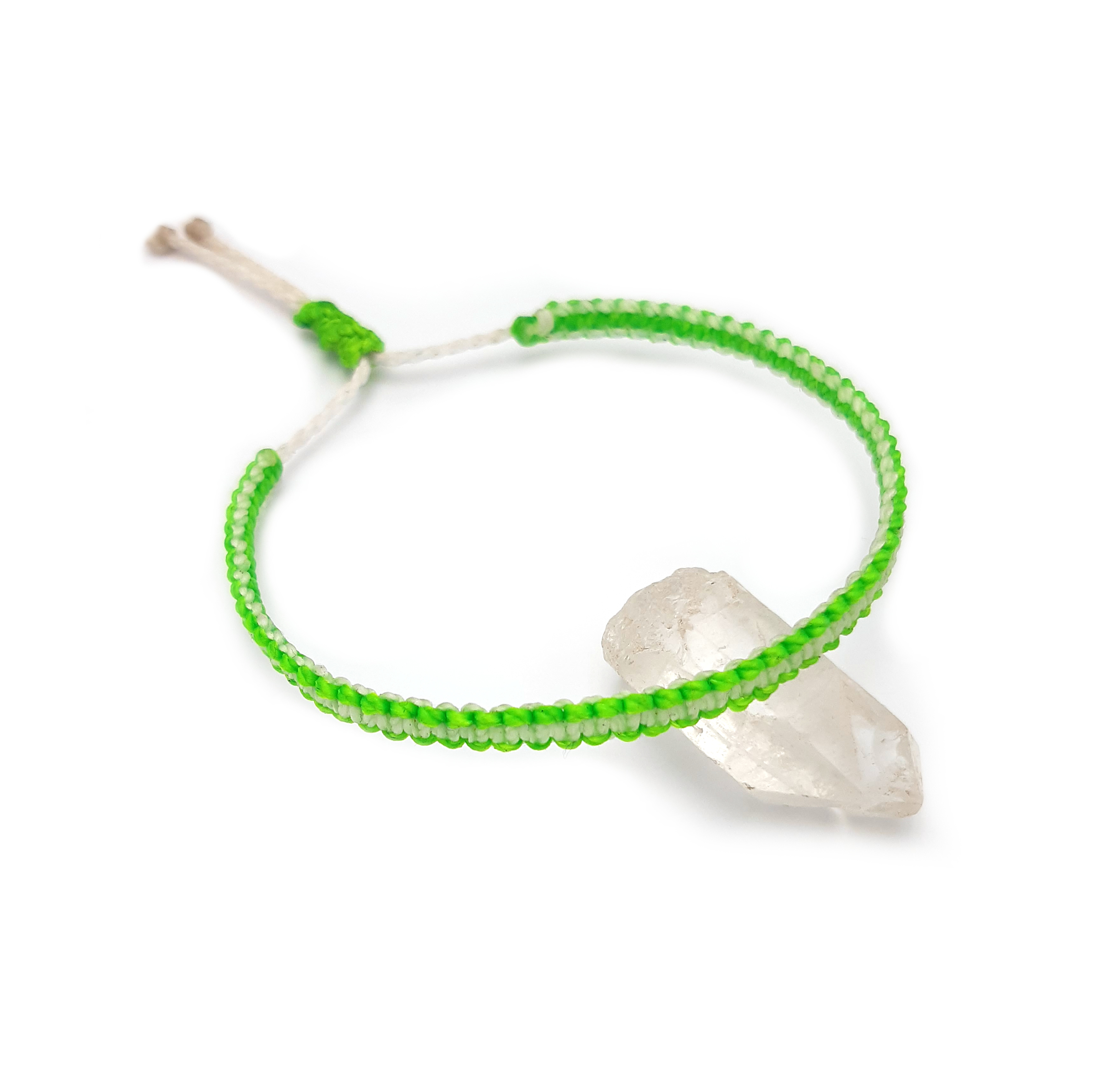 Bracelet Vert Fluo & Blanc Modèle Fin Tissé Main Avec Du Fil Ciré. Ajustable & Résistant à l'eau.