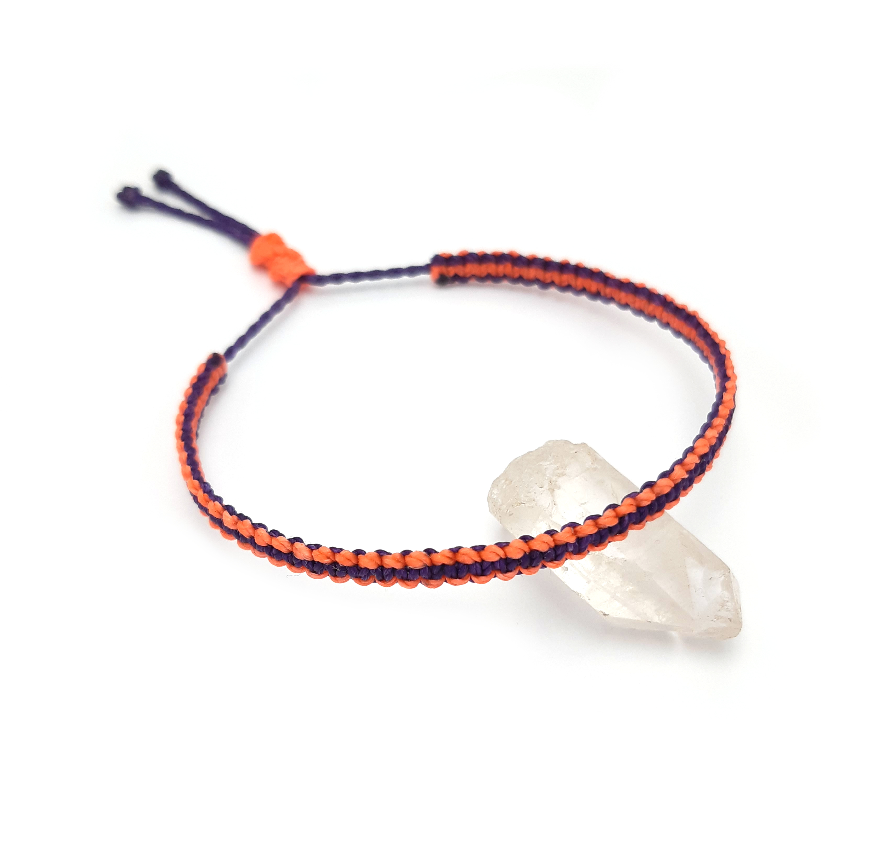 Bracelet Violet & Corail Fluo Modèle Fin Tissé Main Avec Du Fil Ciré. Ajustable & Résistant à l'eau.