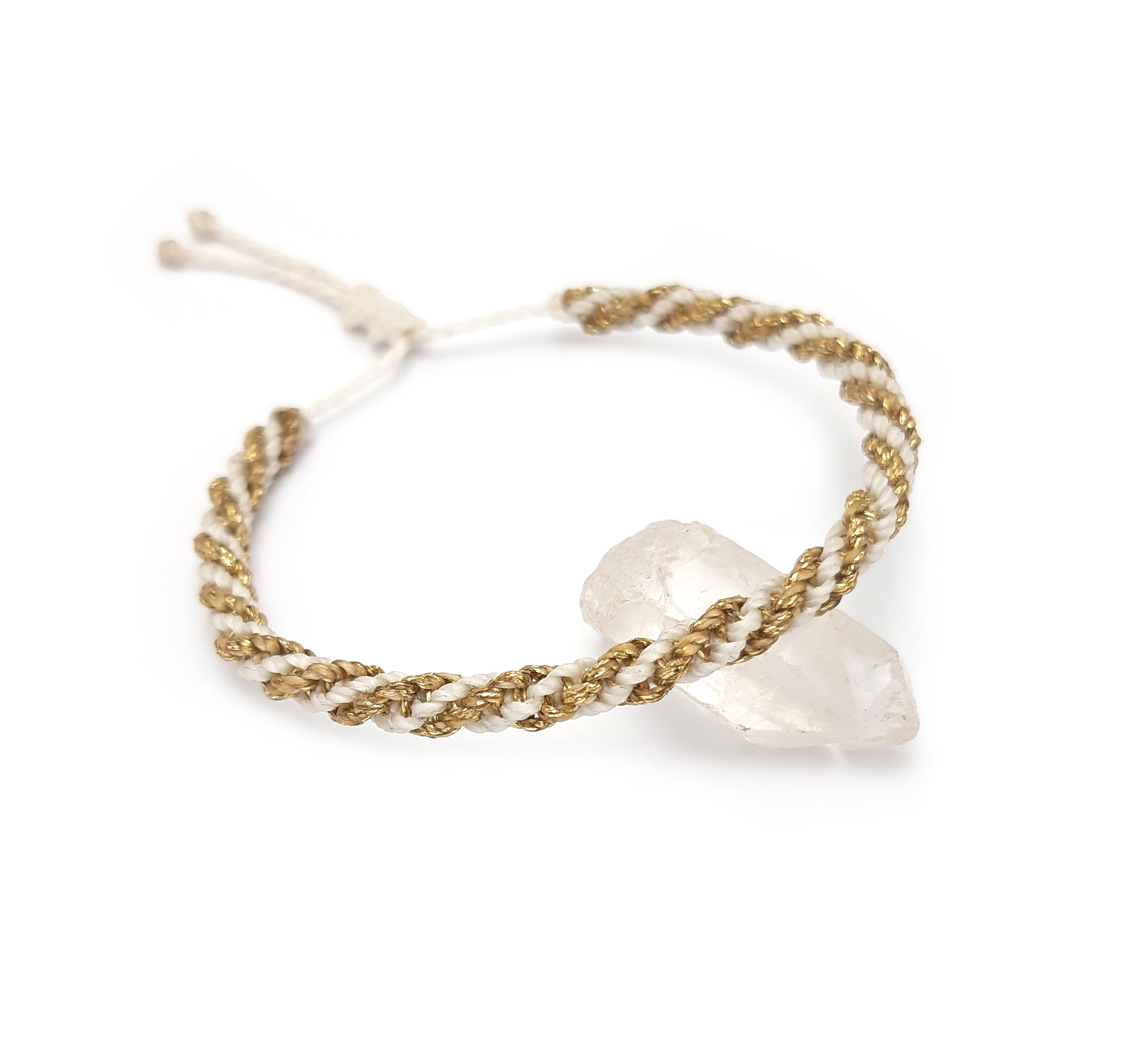 Bracelet Blanc & Doré Modèle Double Spirale Tissé Main Avec Du Fil Ciré. Ajustable & Résistant à l'eau.