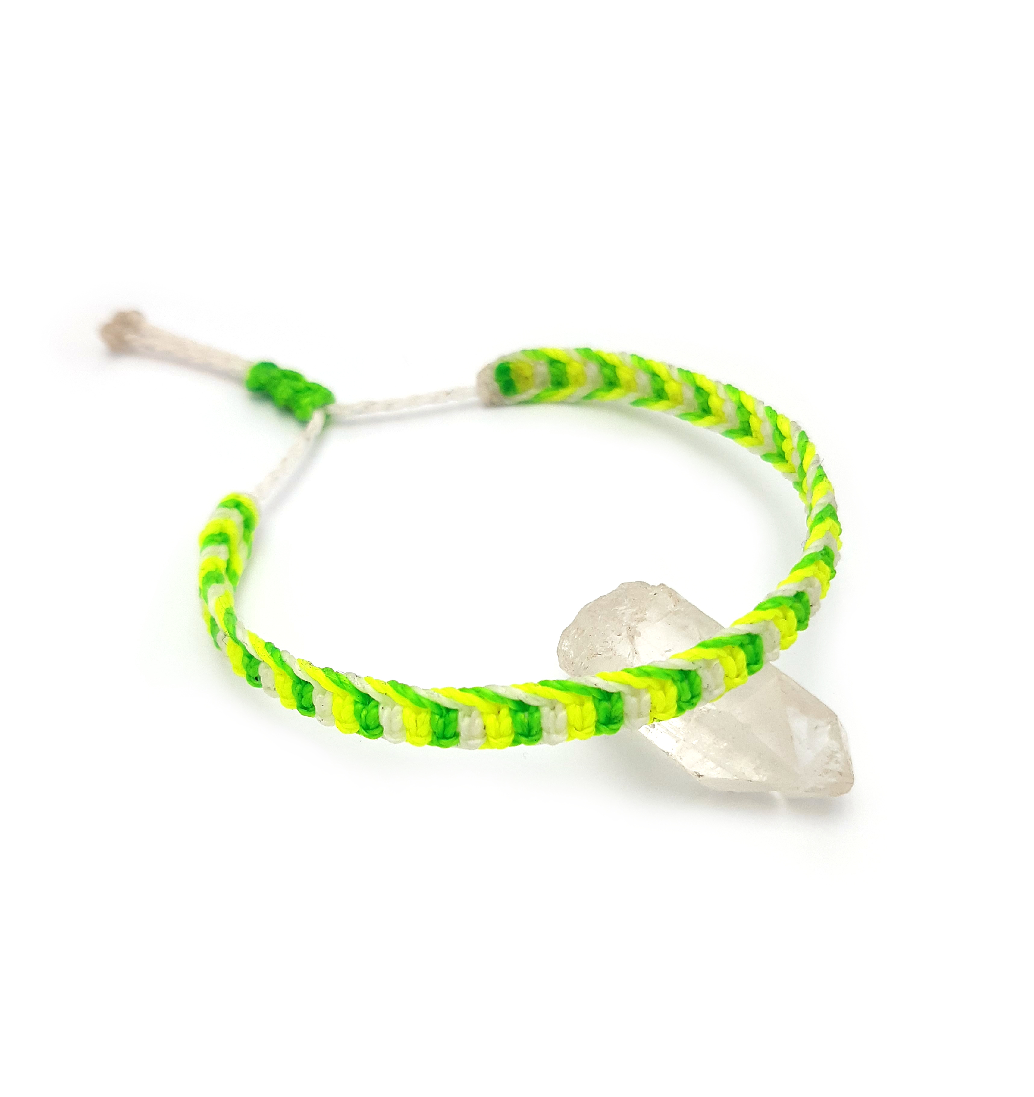  Bracelet Vert Fluo Jaune Fluo & Blanc Modèle Plat Tissé Main Avec du Fil Ciré. Ajustable & Résistant à l'eau. 