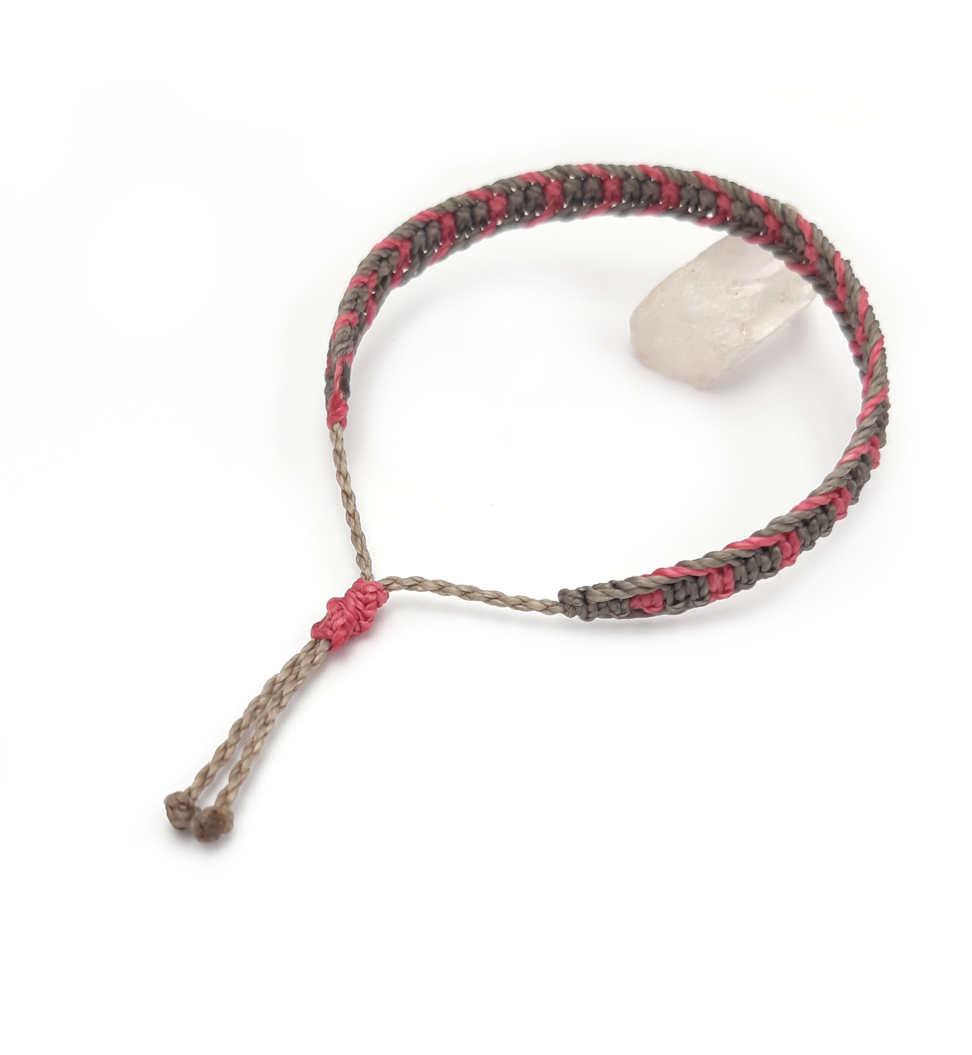  Bracelet Gris Foncé & Rose Fuchsia Modèle Plat Tissé Main Avec du Fil Ciré. Ajustable & Résistant à l'eau. 