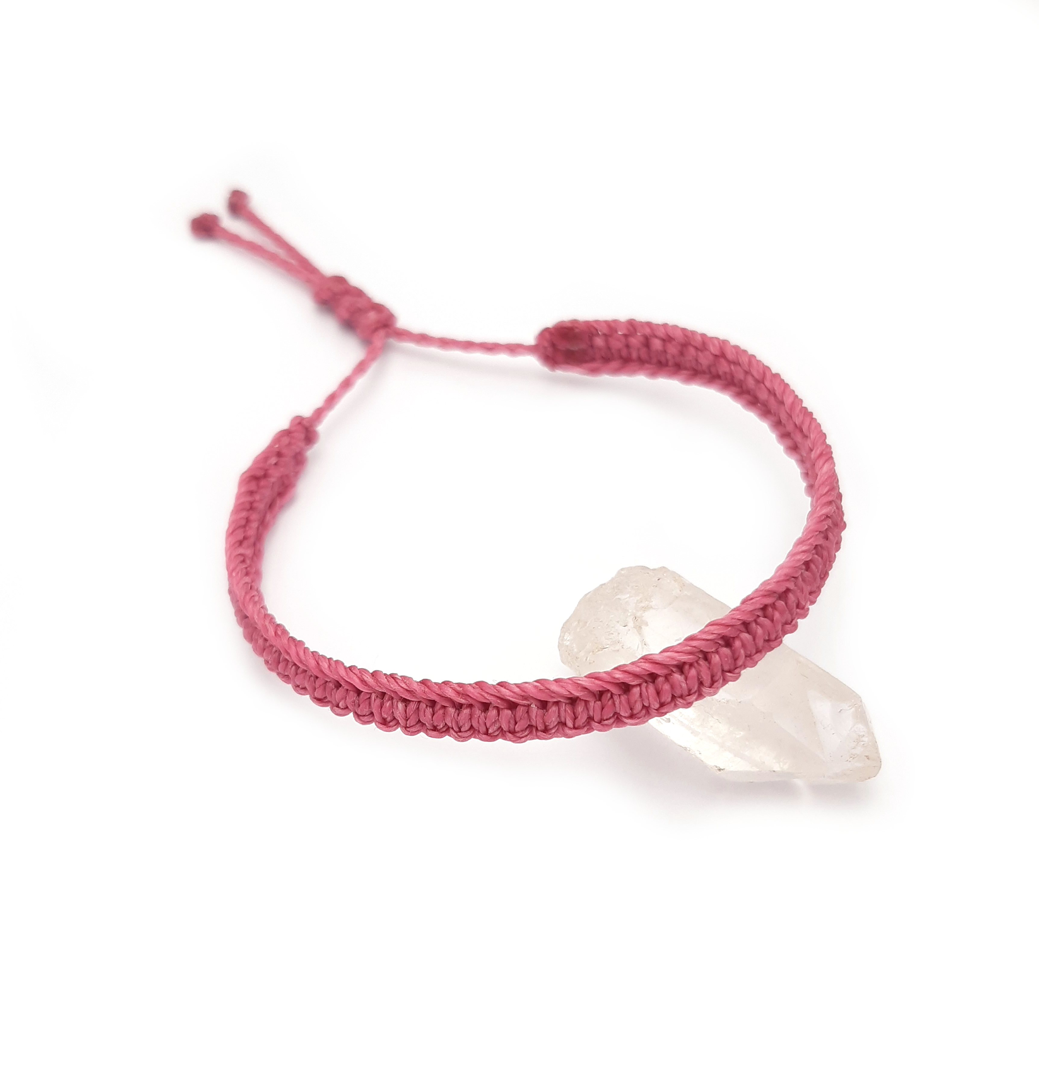 Bracelet Rose Fuchsia Modèle Plat Tissé Main Avec du Fil Ciré. Ajustable & Résistant à l'eau.