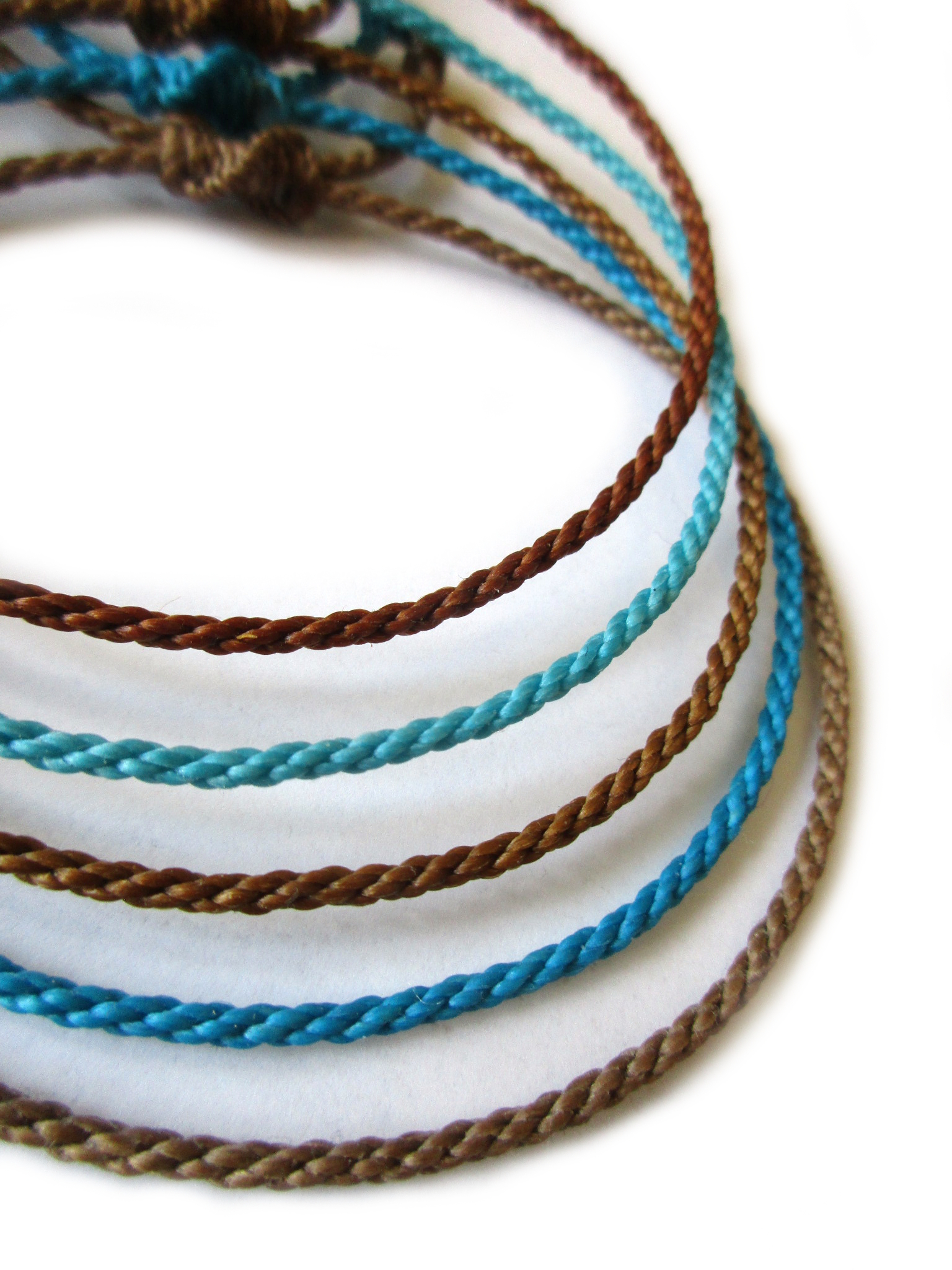 X5 Bracelets Mix Bleu & Marron Modèle Corde Tressé Main Avec Du Fil Ciré. Résistant à l' Eau & Ajustable Avec Un Nœud Coulissant.