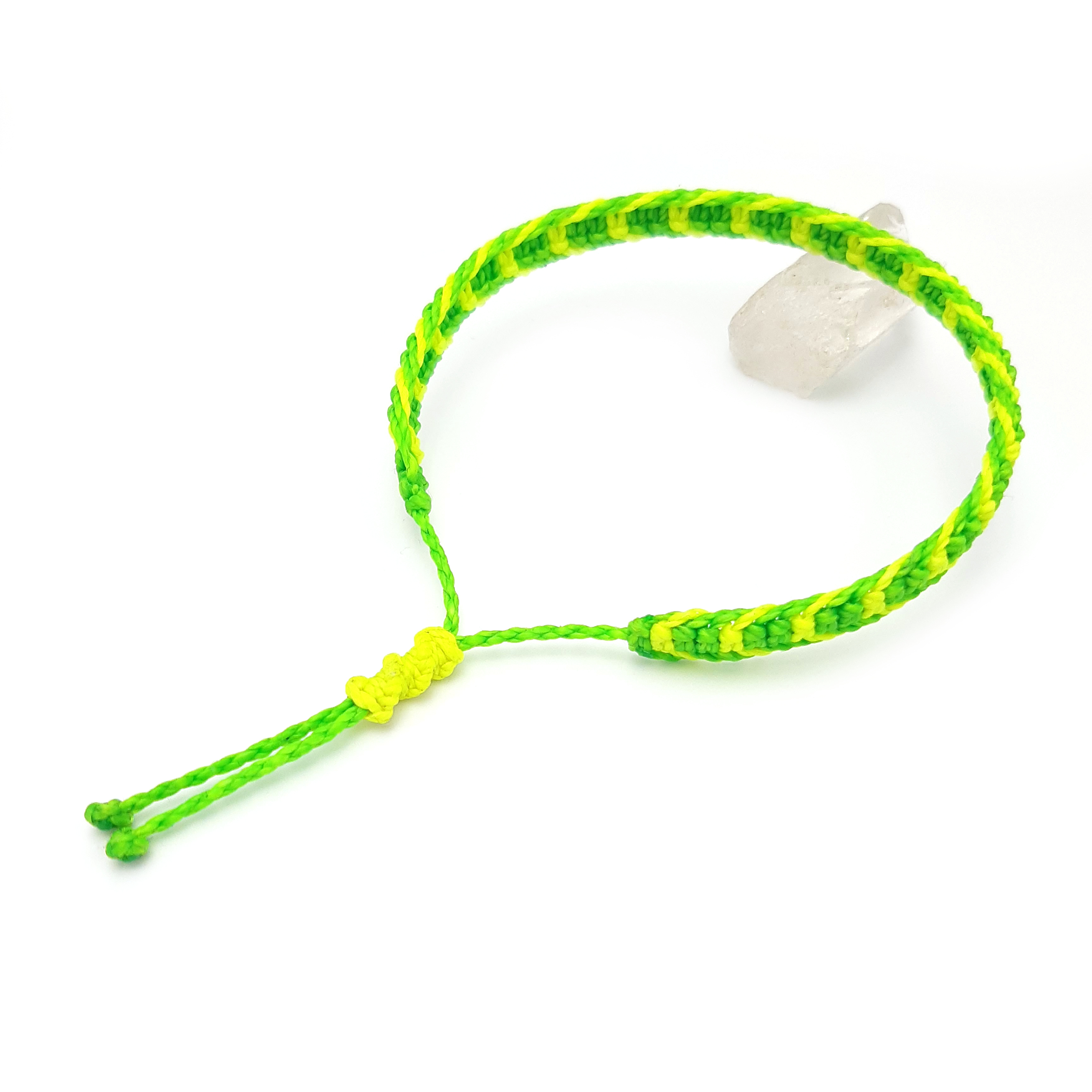  Bracelet Vert Fluo & Jaune Fluo Modèle Plat Tissé Main Avec du Fil Ciré. Ajustable & Résistant à l'eau. 
