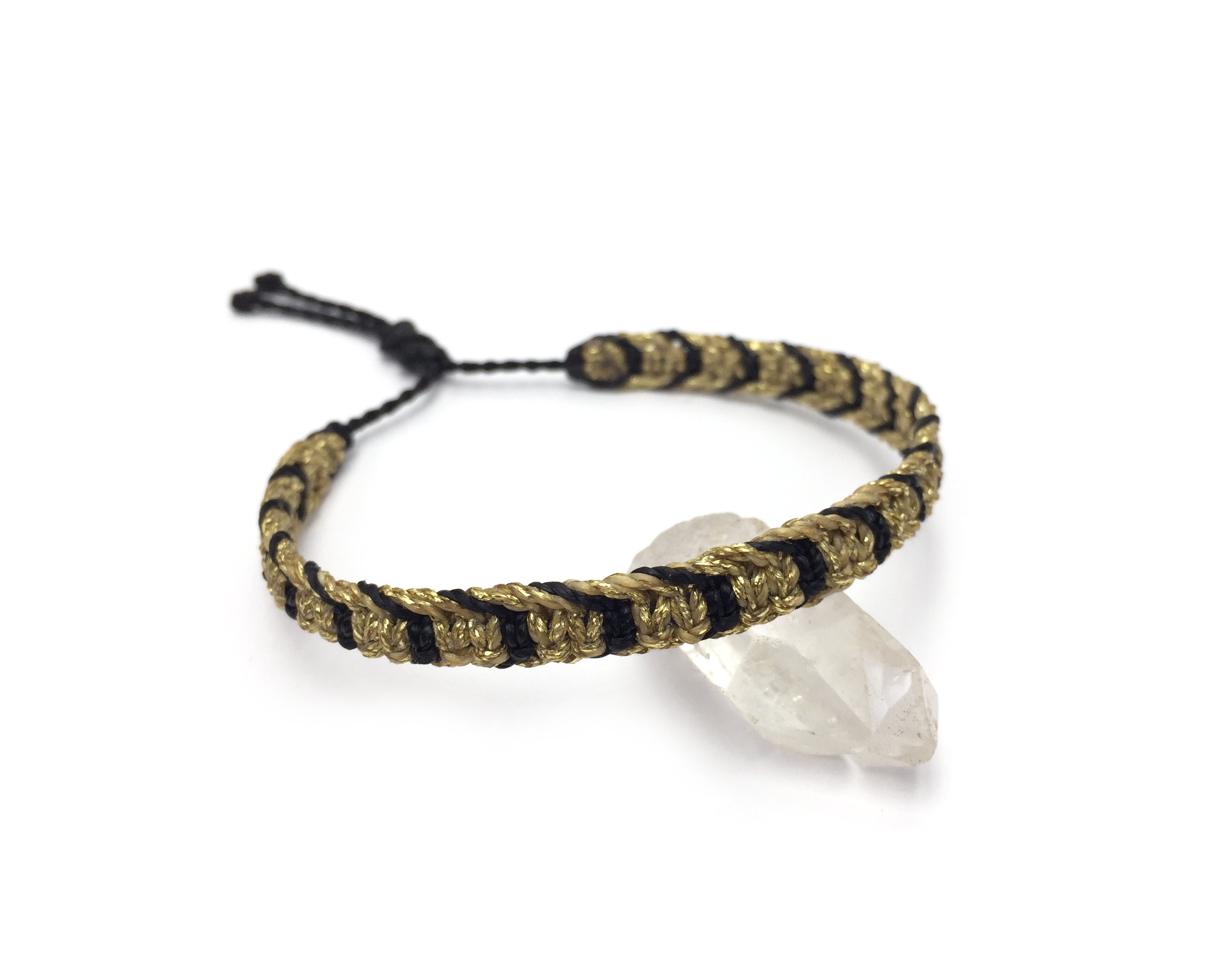 Bracelet Doré & Noir Modèle Plat Tissé Main Avec du Fil Ciré. Ajustable & Résistant à l'eau.