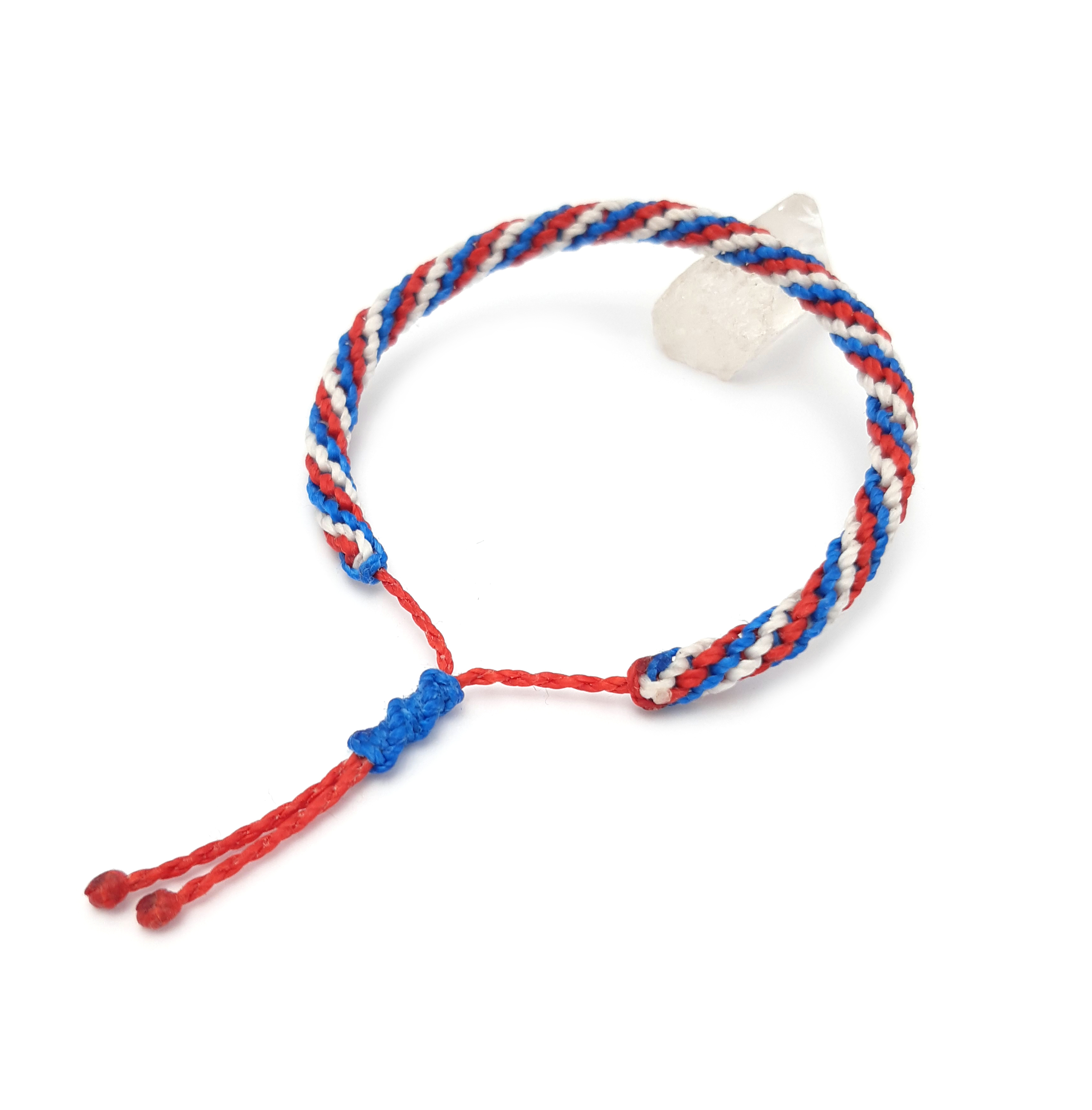 Bracelet Bleu Blanc & Rouge Modèle Triple Spirale Tissé Main Avec Du Fil Ciré. Couleur Drapeaux France Pays-Bas Islande Croatie.