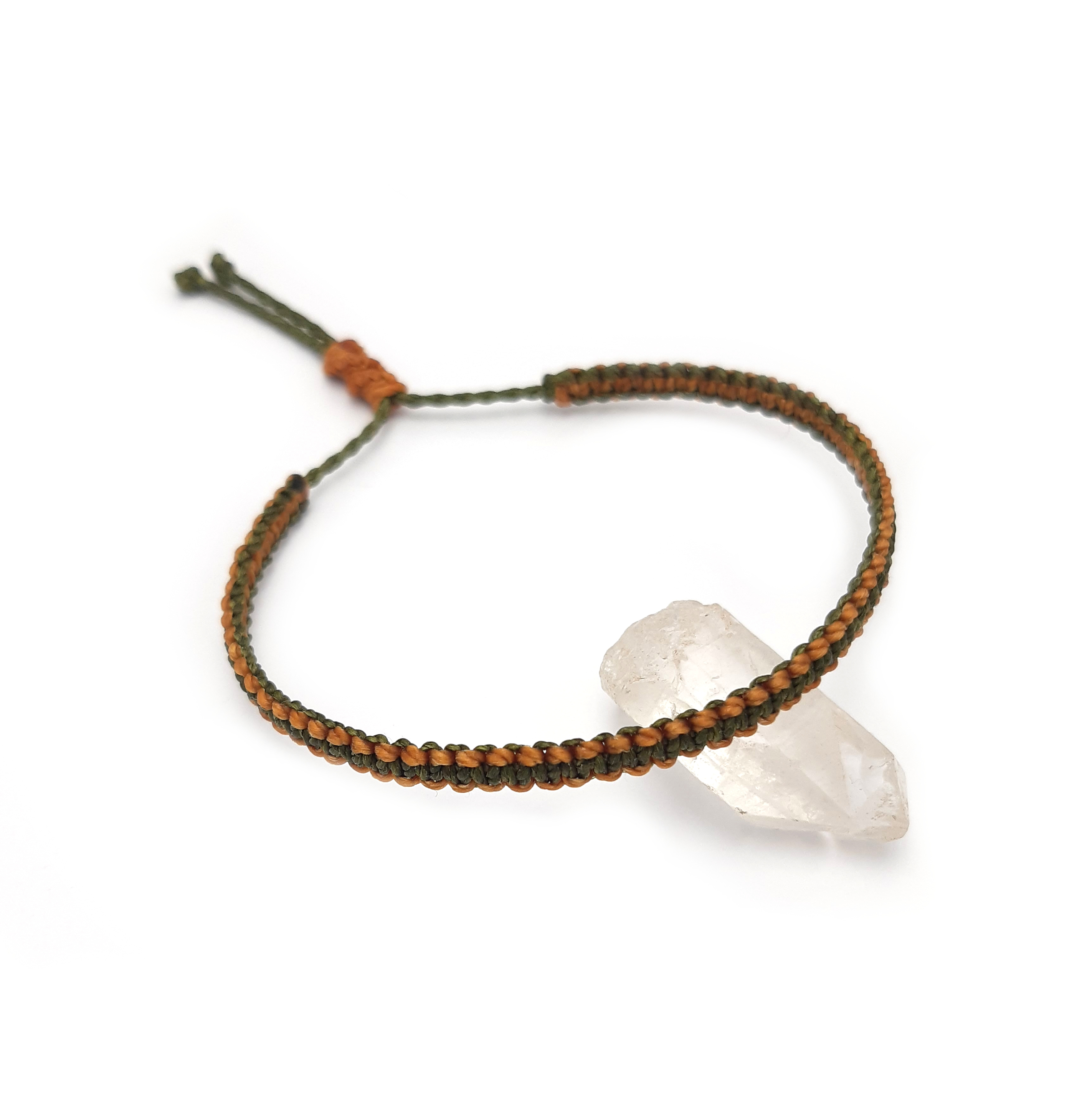 Bracelet Vert Kaki & Camel Modèle Fin Tissé Main Avec Du Fil Ciré. Ajustable & Résistant à l'eau.