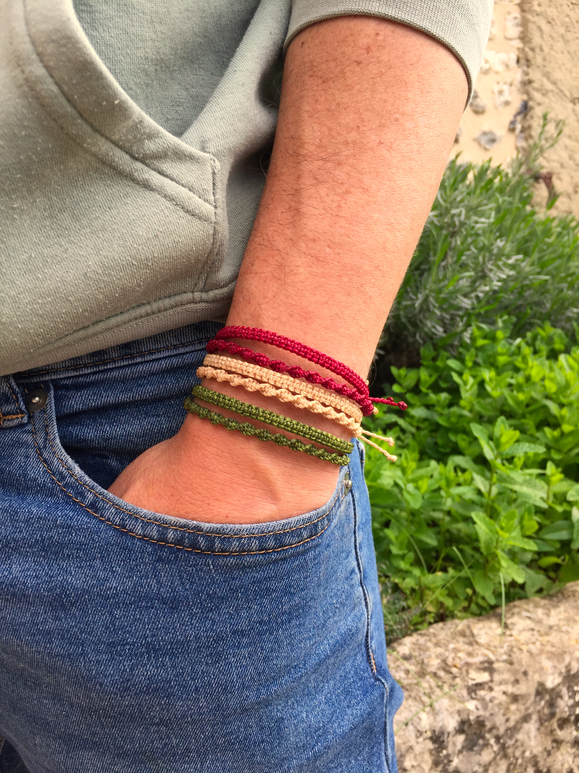  X2 Bracelets Vert Kaki Tissés Main Avec Du Fil Ciré. Tissage Spirale & Plat Ajustables & Résistants à l'eau.