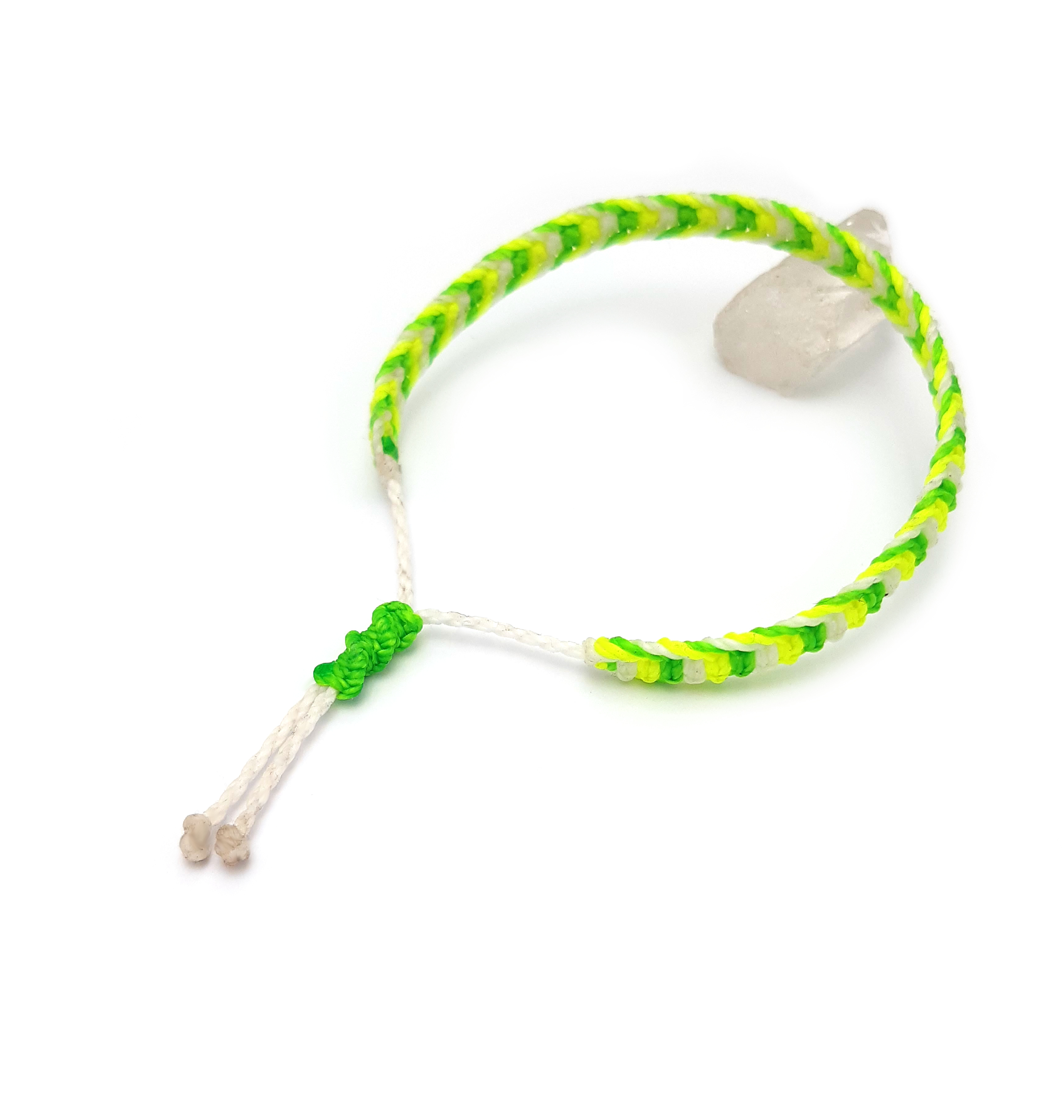  Bracelet Vert Fluo Jaune Fluo & Blanc Modèle Plat Tissé Main Avec du Fil Ciré. Ajustable & Résistant à l'eau. 