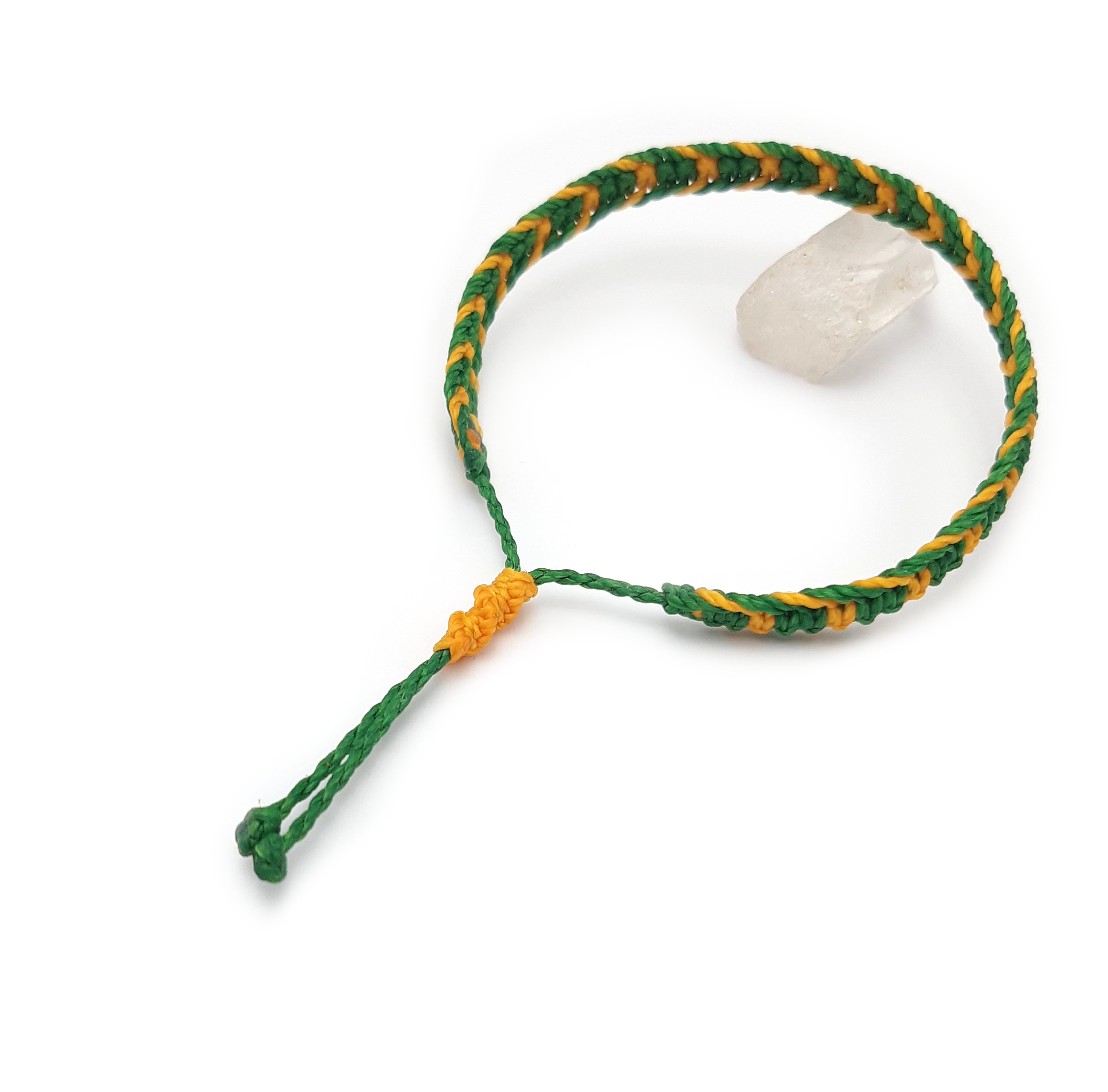  Bracelet Vert & Jaune Modèle Plat Tissé Main Avec du Fil Ciré. Ajustable & Résistant à l'eau. 