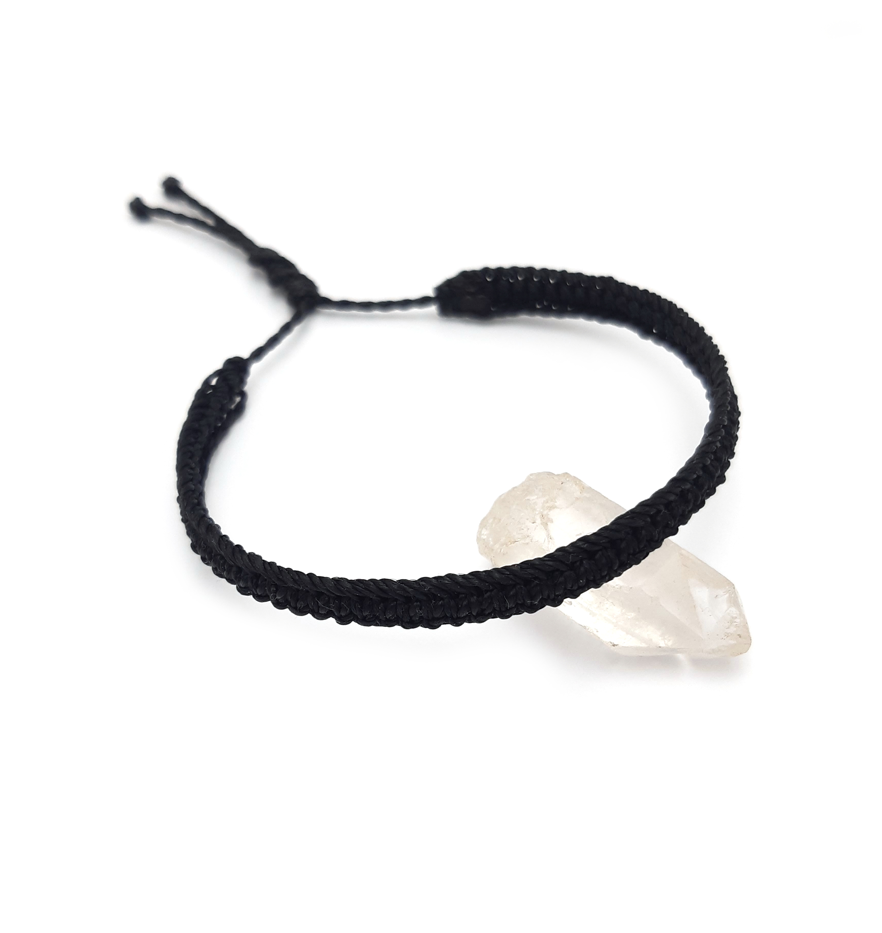 Bracelet Noir Modèle Plat Tissé Main Avec du Fil Ciré. Ajustable & Résistant à l'eau.